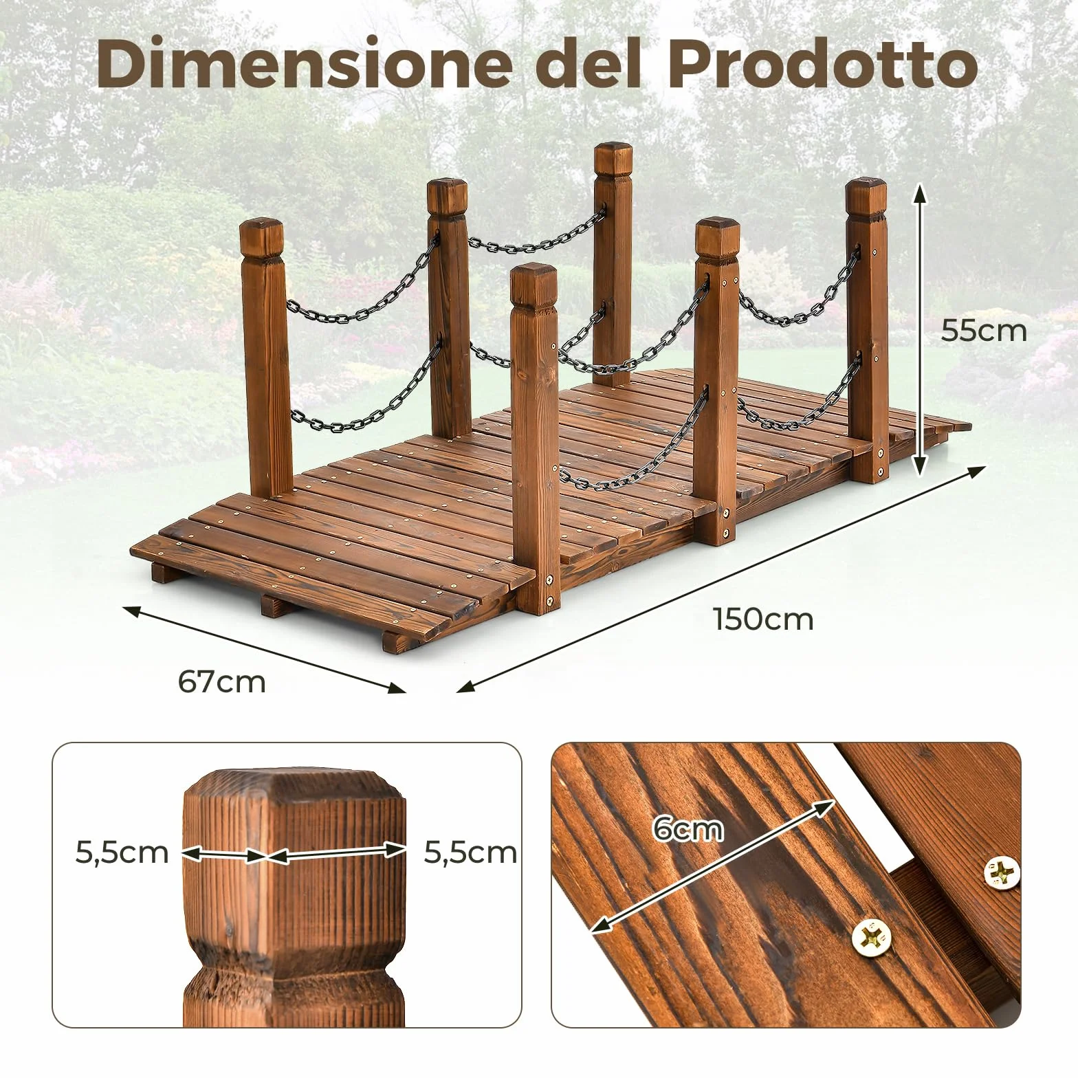 COSTWAY Ponte da Giardino in Legno, Ponte Decorativo con Finitura Tinta e Catena di Sicurezza, Ponte ad Arco in Legno per Giardino, Patio, Cortile e Fattoria, Carico 80 kg