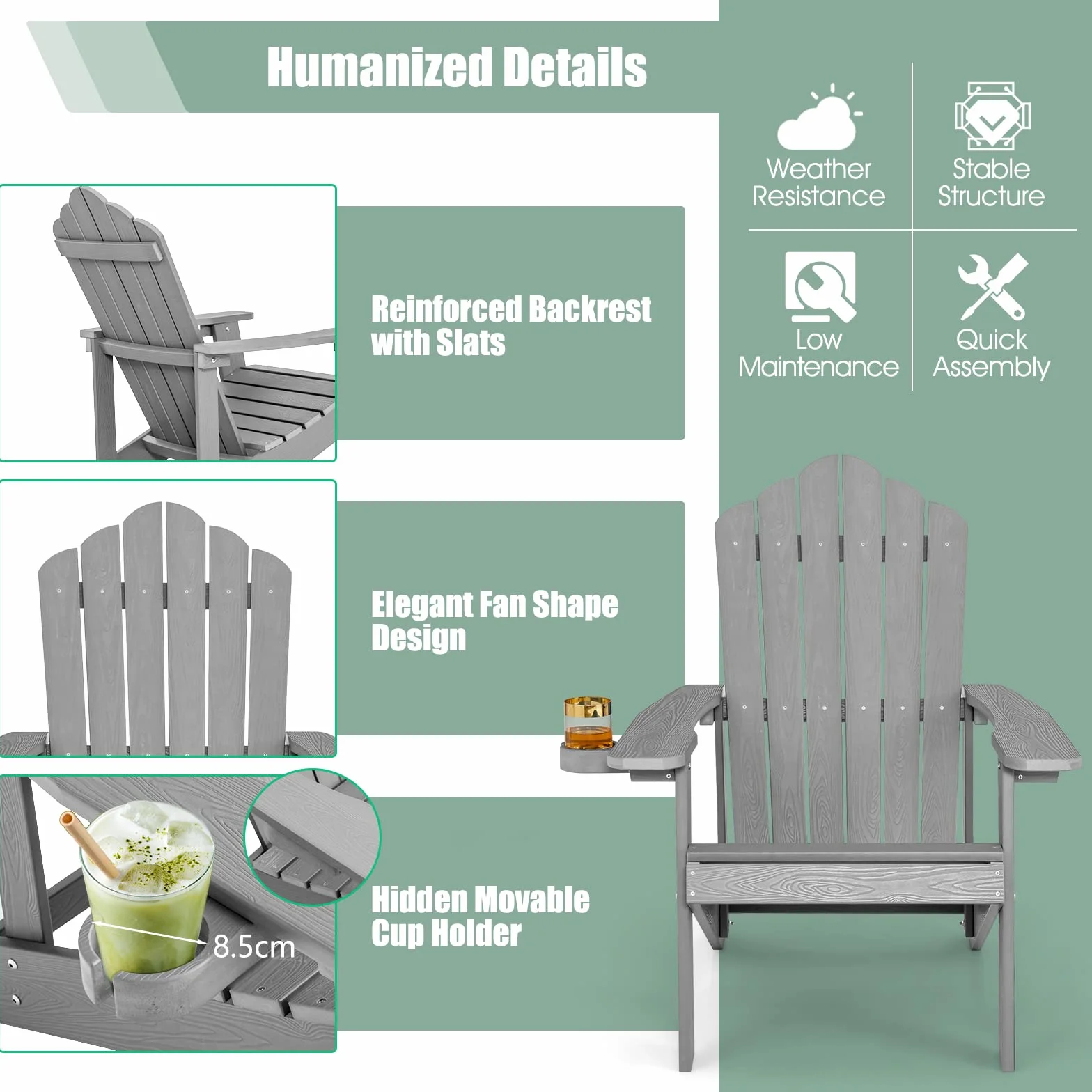 KOMFOTTEU sedia Adirondack Hips, Patrone Resistanti a Tutte le Condizioni, Falò con Supporto per Tazze, 77 x 86 x 94 cm (grigio)
