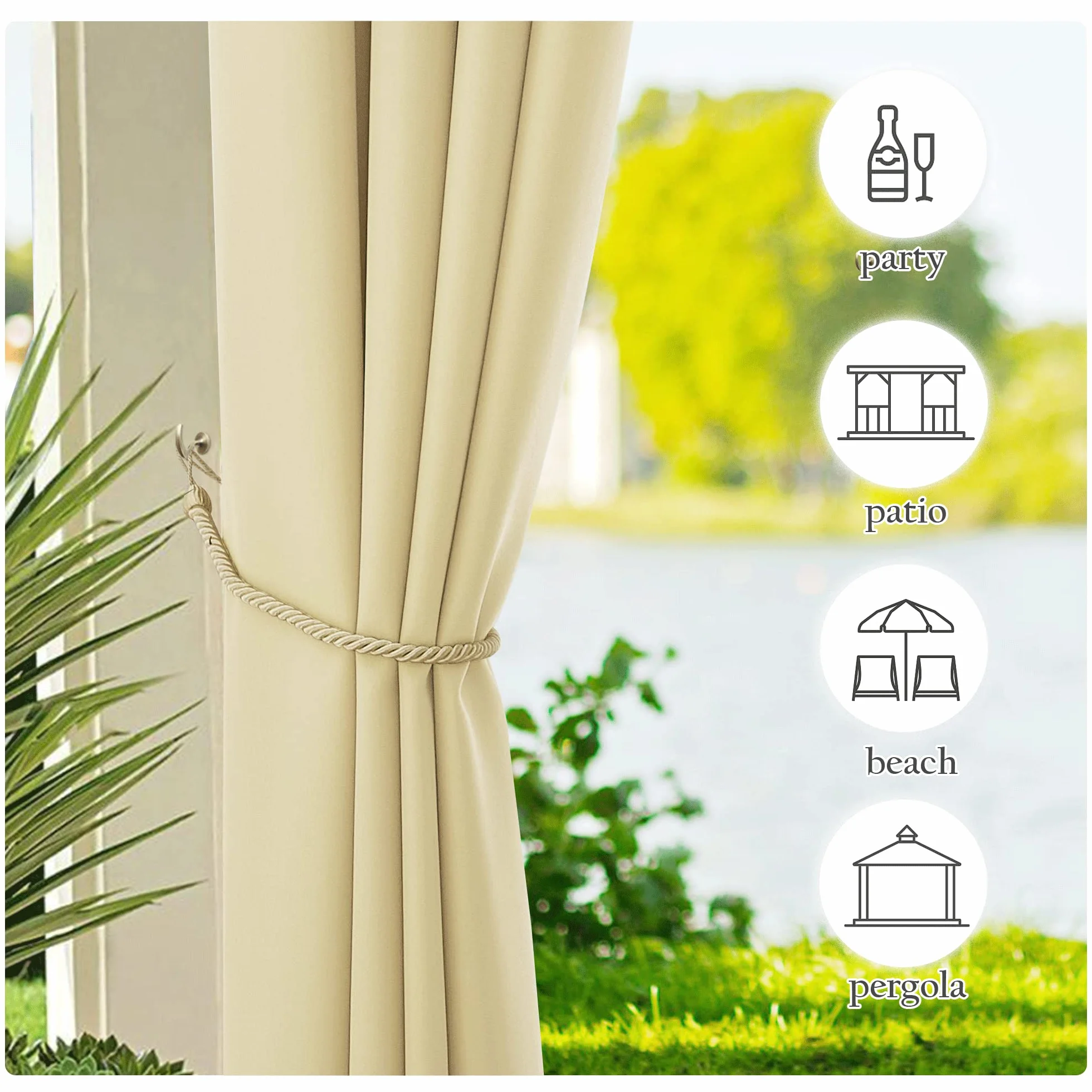 PONY DANCE Tende da Sole per Esterno con Anelli 2 Pezzi L 140 x A 213 cm Curtains Impermeabile Beige per Gazebo e Balconi Tende Termiche per Porta Esterna