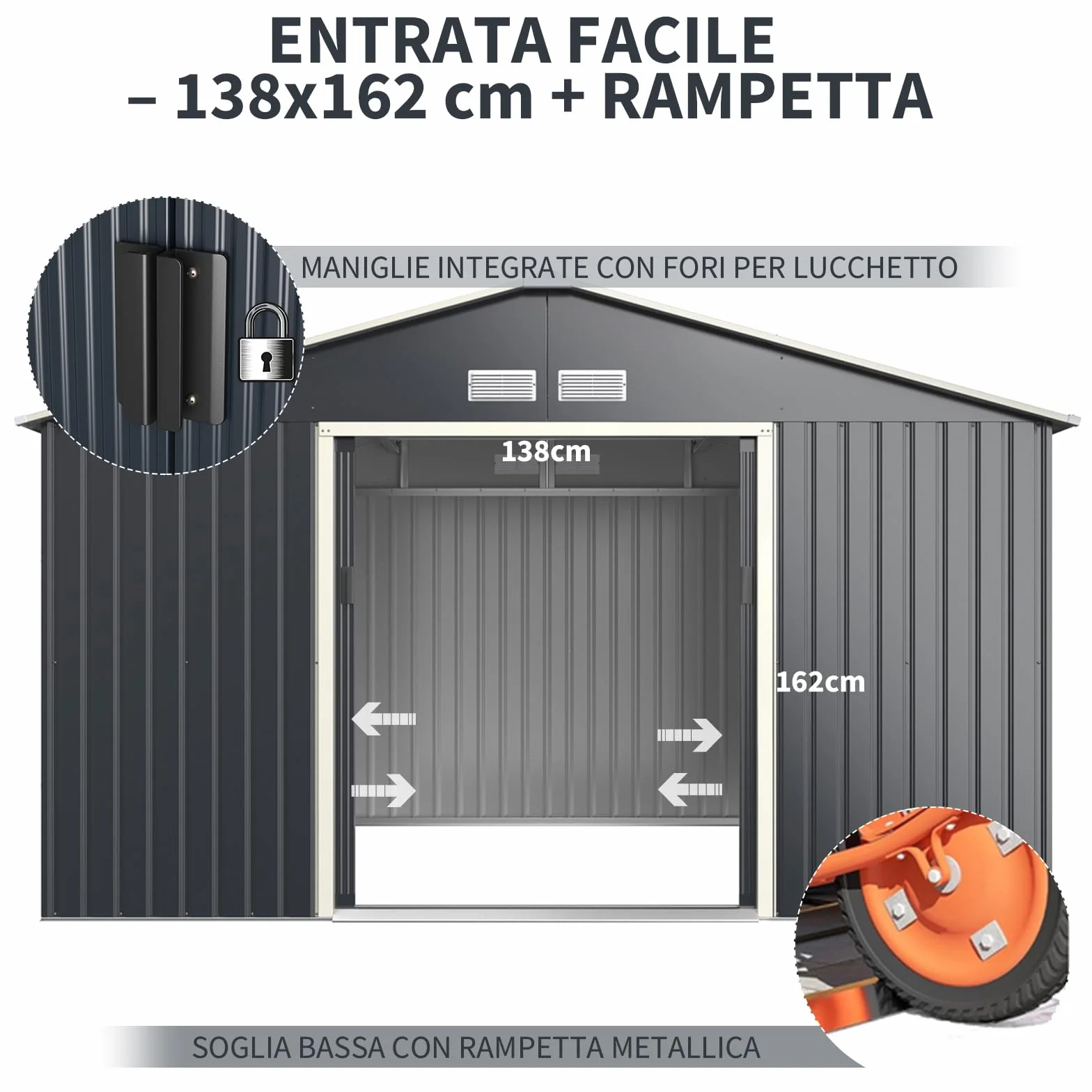 RELAX4LIFE Casetta da Giardino 340 x 319 x 210 cm (10,19 m²), Acciaio Zincato, 4 Prese d'Aria, Porta 117x162 cm, Tetto Inclinato, Porte Scorrevoli, Expandibile, Grigio