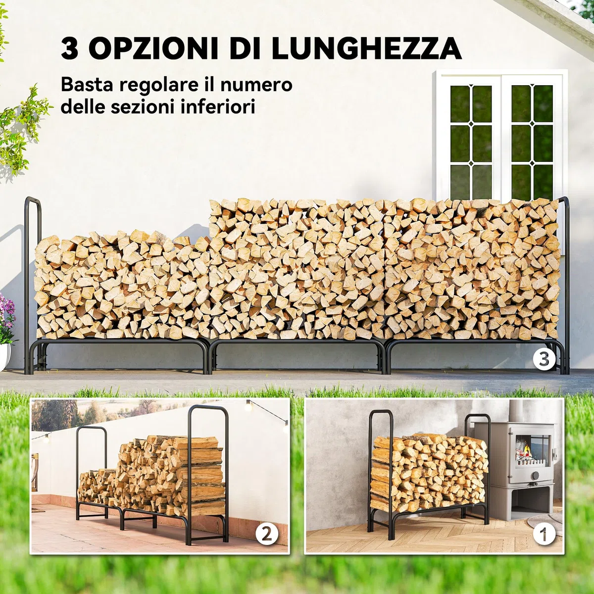 Outsunny Legnaia da Esterno in Metallo 1m³ 300x36x99 cm Nero e Verde Scuro
