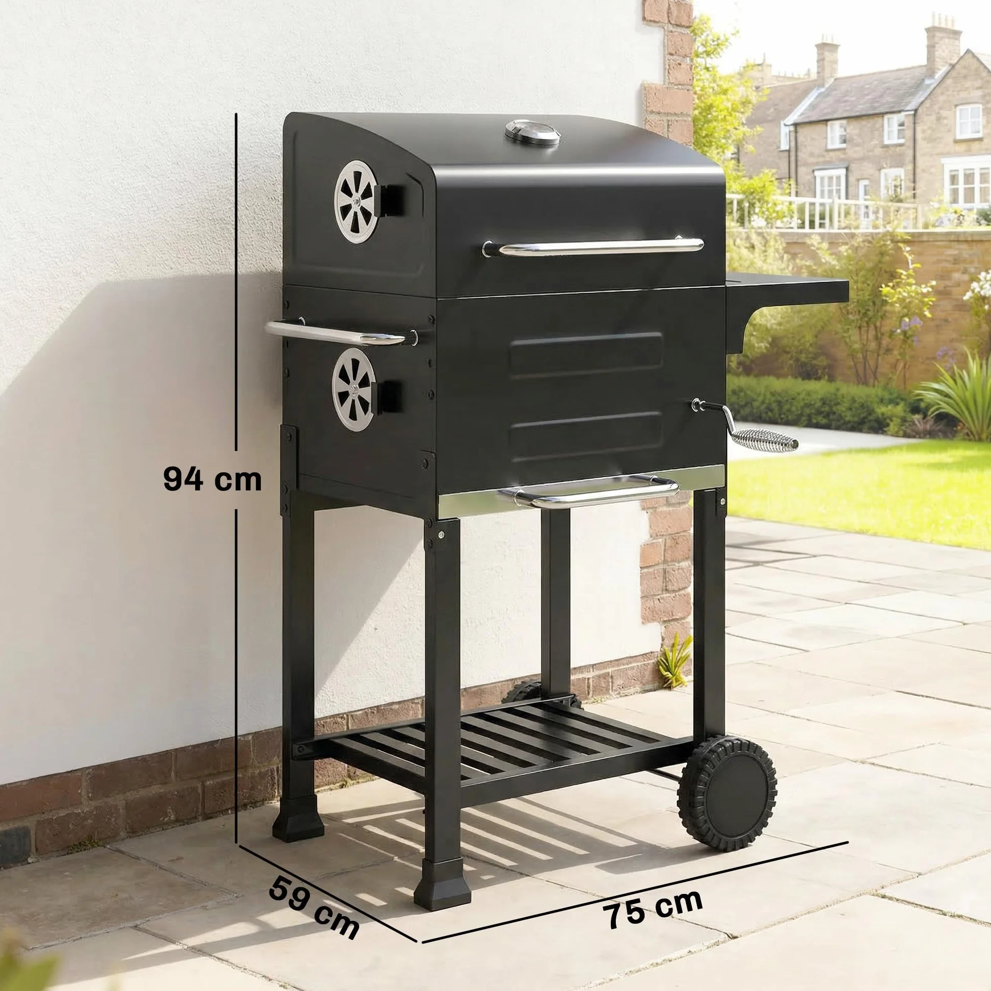 Outsunny Barbecue Carbonella Stretto z Rusztem, Regulowany Nawiew, Wózek BBQ z Pokrywą, Stal, Półka, Termometr, Popielnik, Czarny