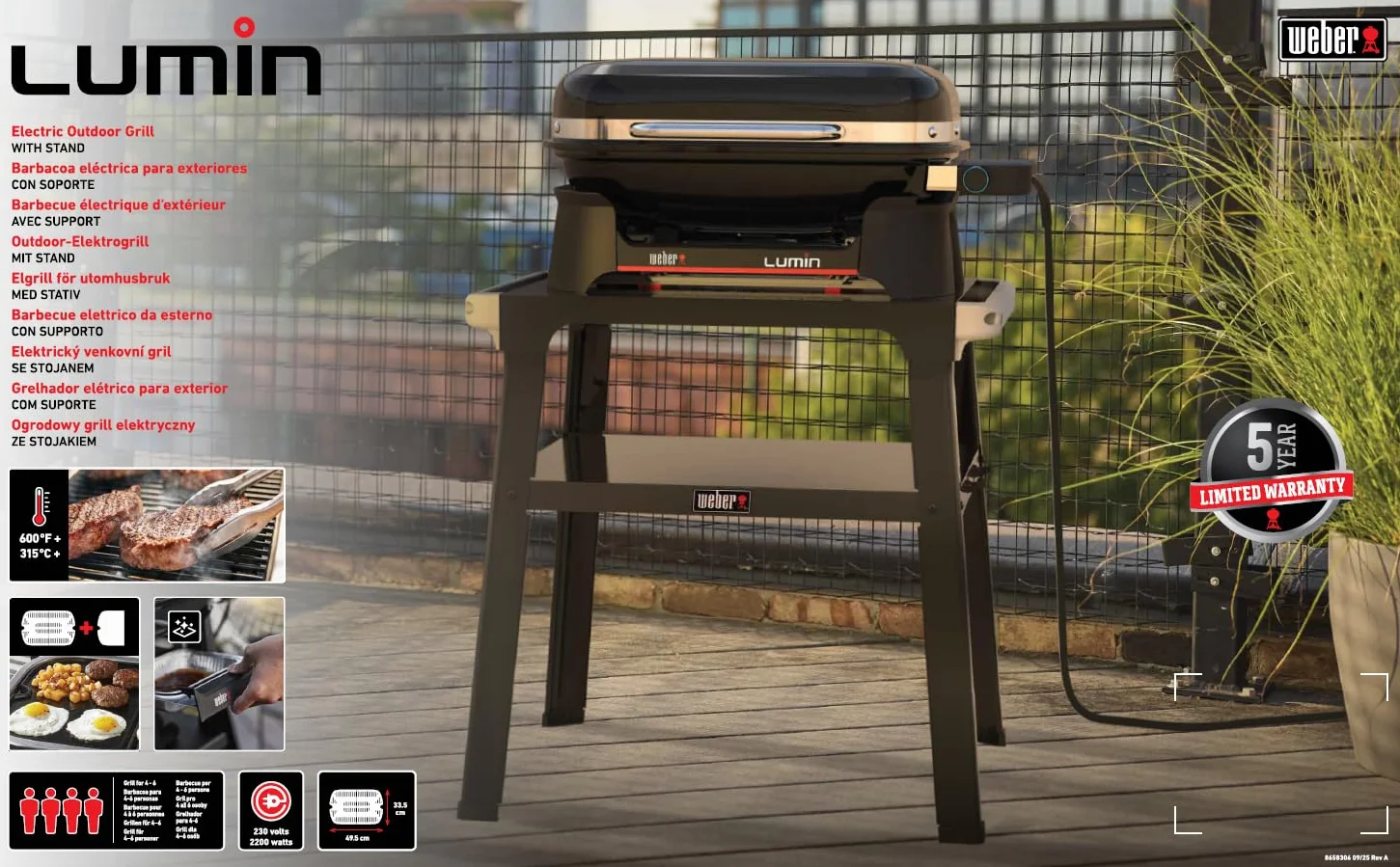Weber Lumin Barbecue Elettrico 315°C Griglie Ghisa Smaltata Porcellana 33x49 cm Nero