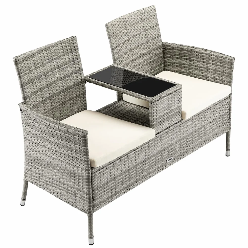 BAKAJI Panchina da Giardino in Polyrattan con Tavolo Integrato e Cuscini, Panchina 2 Posti da Esterno Resistente Ai Raggi UV e alle Intemperie, Panca Divano Ripiano Vetro 123 x 54 x 82.5 cm (Grigio)