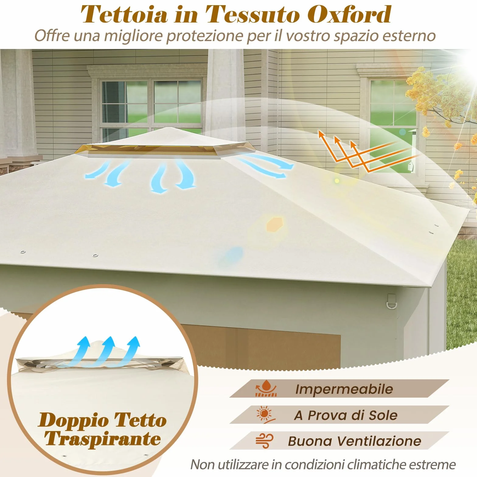 COSTWAY Gazebo Pieghevole 3,4 x 3,4 m con Zanzariera e Tende Laterali Tenda da Giardino Antivento 210D Beige