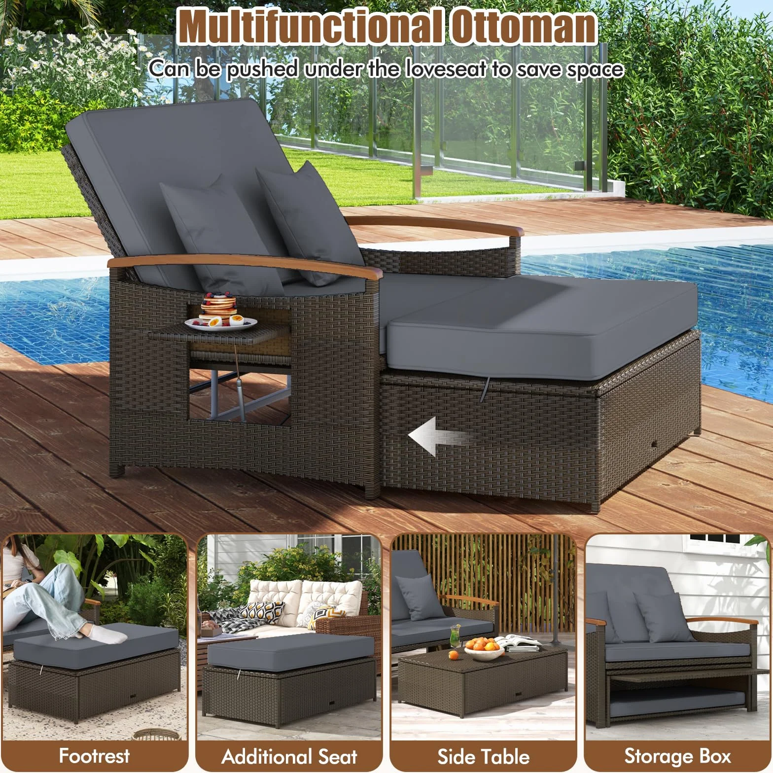 GIANTEX Divano da Giardino in Rattan a 2 Posti con Funzione Allungata, Set di Mobili in Rattan con Sgabello, Doppia Sedia a Sdraio per 2 Persone, 3 Colori (Cuscino Grigio)