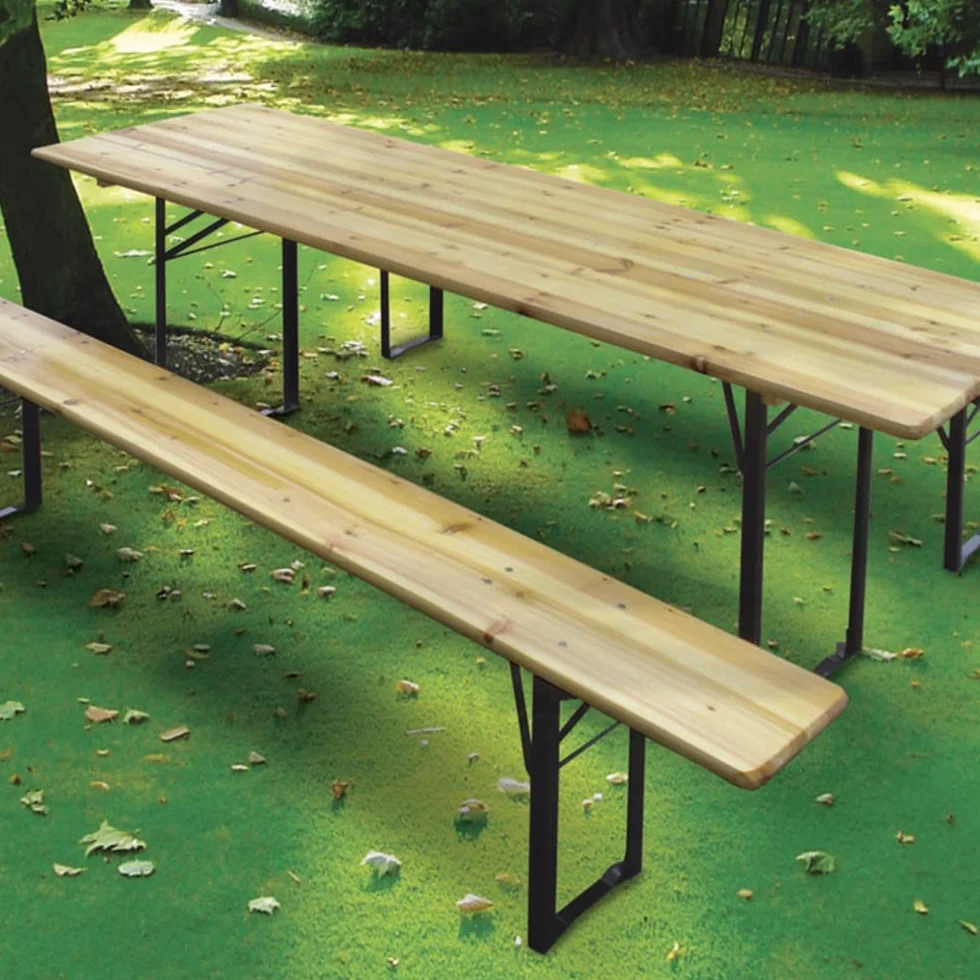 Set Birreria Completo Tavolo con 2 Panche in Legno Gambe Pieghevoli 180x70x75 cm Mobili Giardino Esterno
