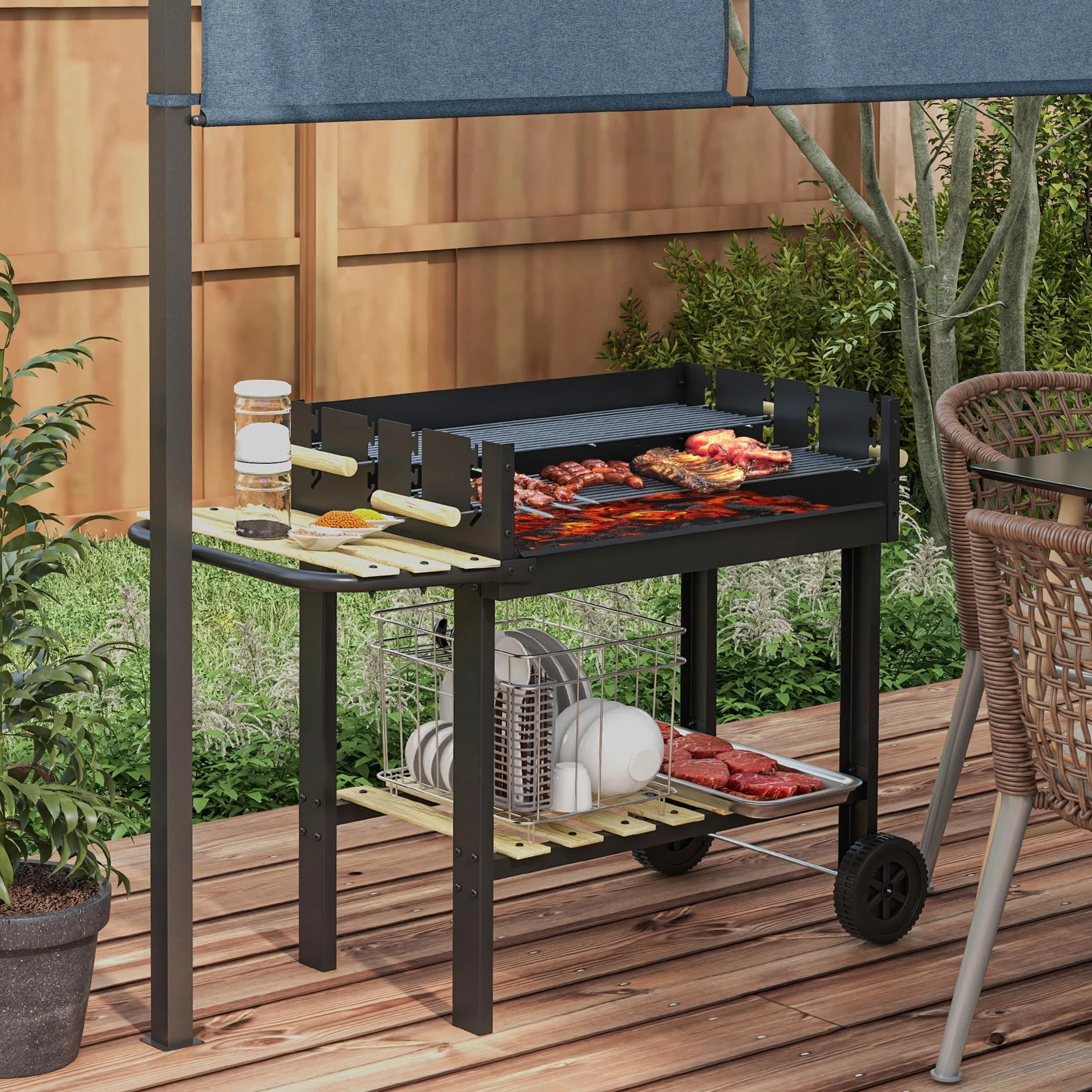 Outsunny Griglia per Barbecue a Carbonella Regolabile 2 Griglie 2 Ripiani Rotelle 113x53.5x82.5 cm Nera