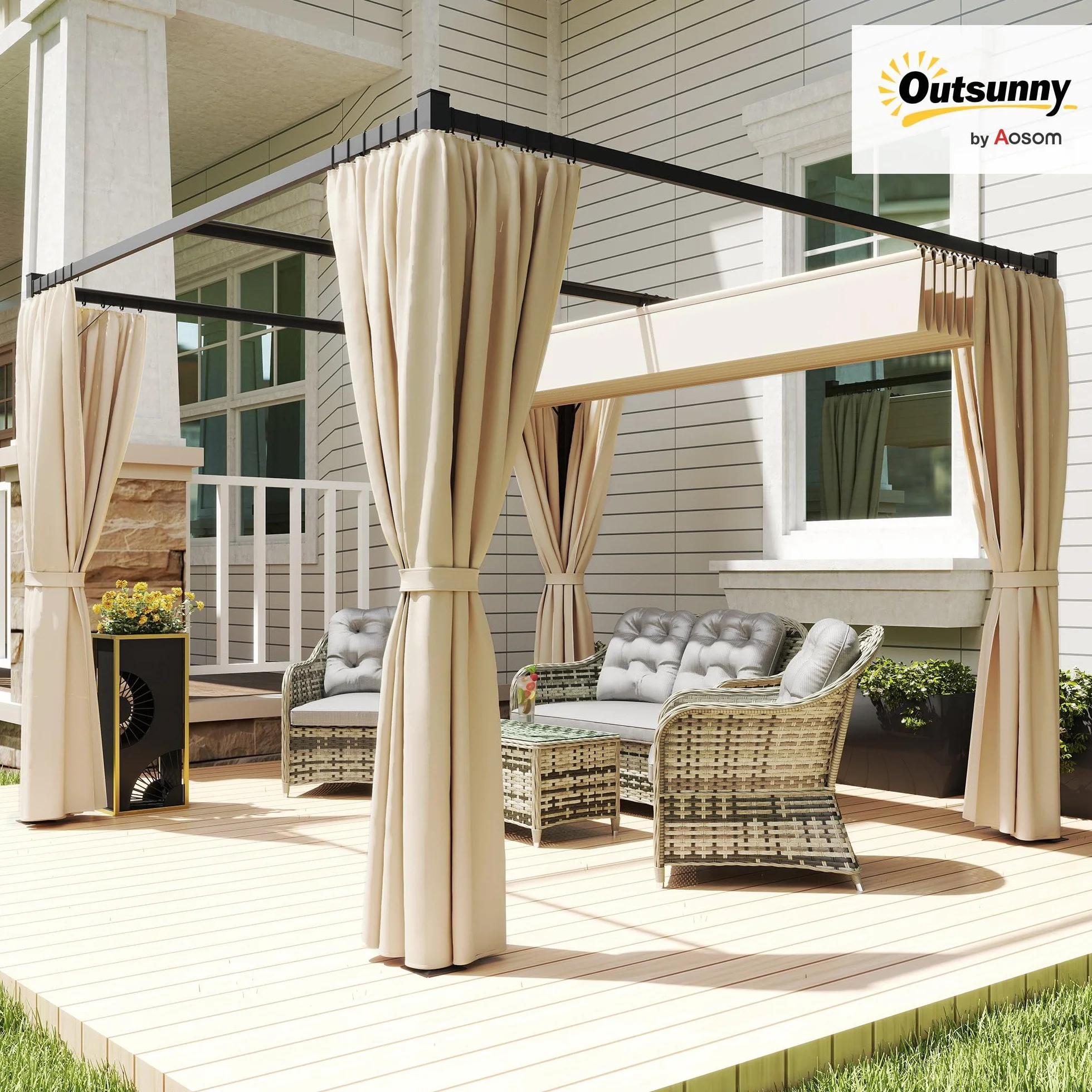 Outsunny Gazebo Pergola 3x3 m con Pareti Laterali e Tetto Retrattile, Metallo e Poliestere 180g/㎡, Beige