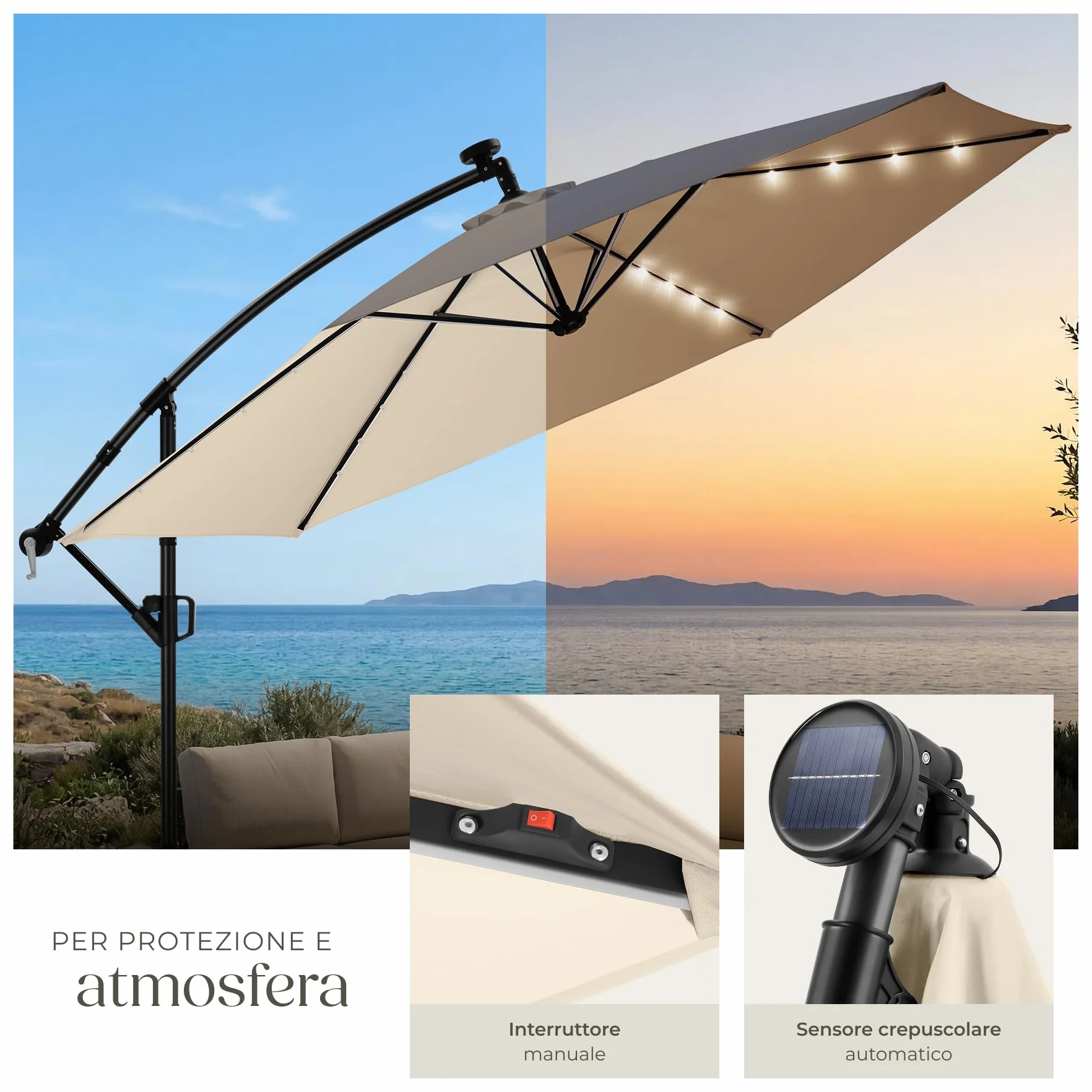 Tectake Ombrellone da Giardino 3,5x3,5 m Braccio Girevole 360° Led Solare Protezione UV 50+
