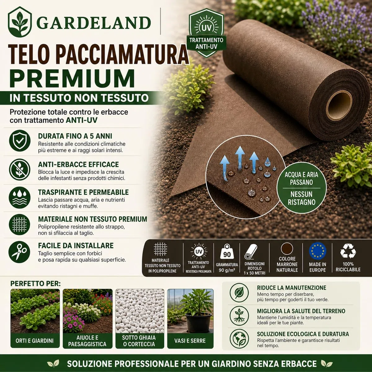 Telo Pacciamatura Marrone Premium 50m x 1m 90g/m2 Anti Erbacce Trattamento UV Resistente alle Intemperie Made in EU