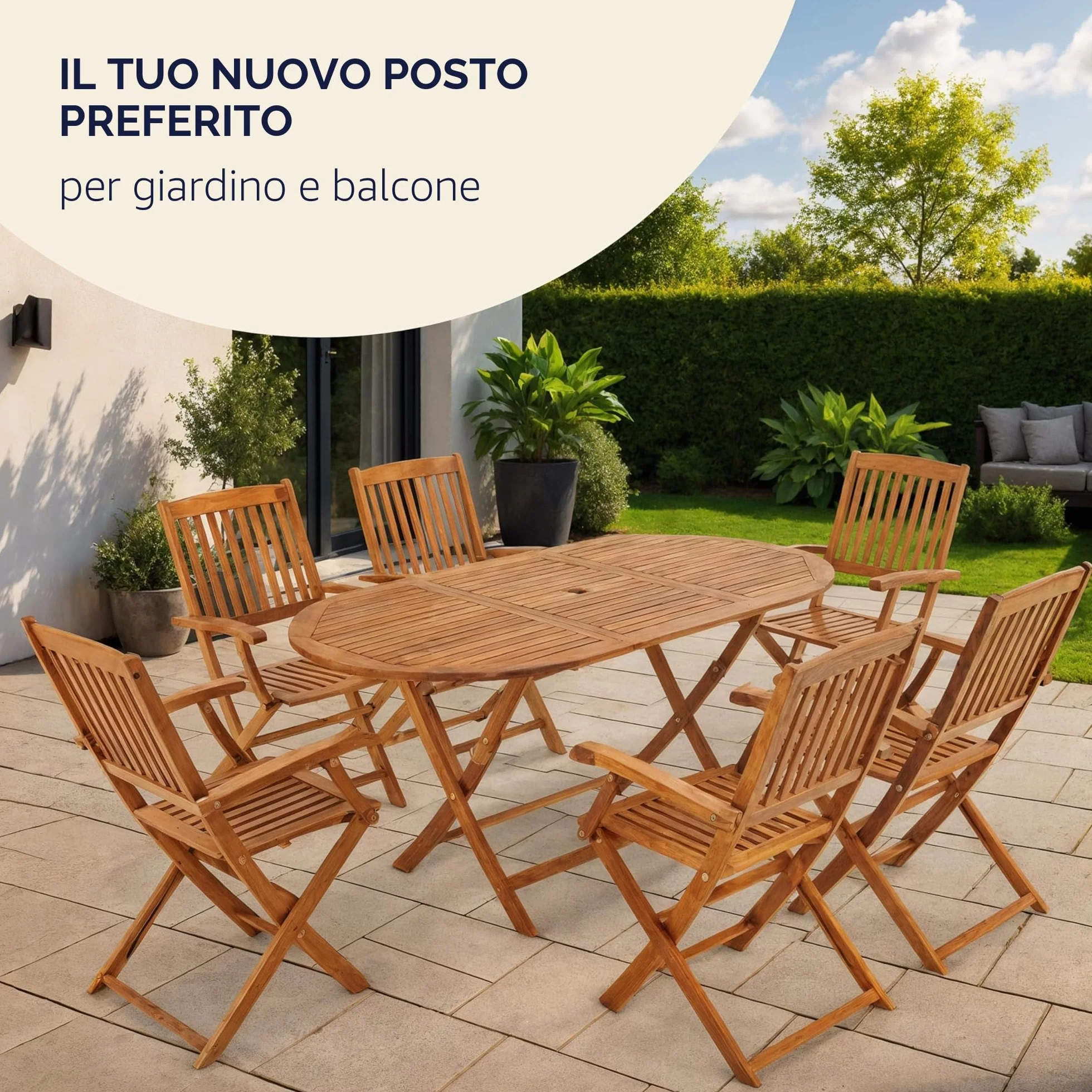 Casaria Set 1 Tavolo 6 Sedie da Giardino 160x85 cm Legno di Acacia Pieghevole Salvaspazio con Foro Ombrellone 7 Pezzi