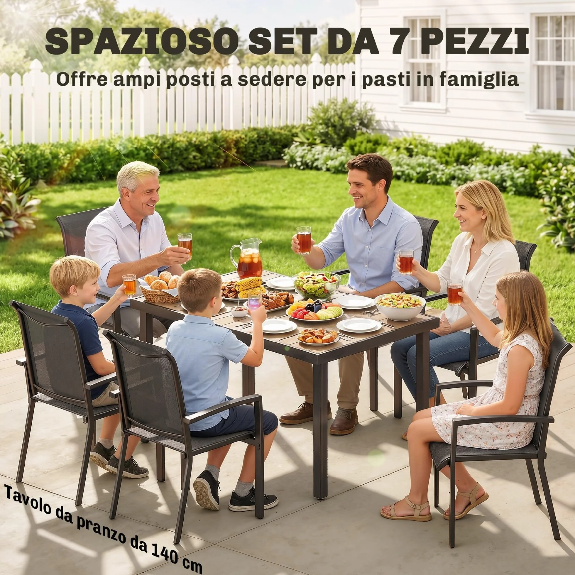 Outsunny Set Tavolo e Sedie da Giardino 7 Pezzi, Mobili da Esterno con Tavolo Rimovibile e 6 Sedie Impilabili in Texteline Grigio