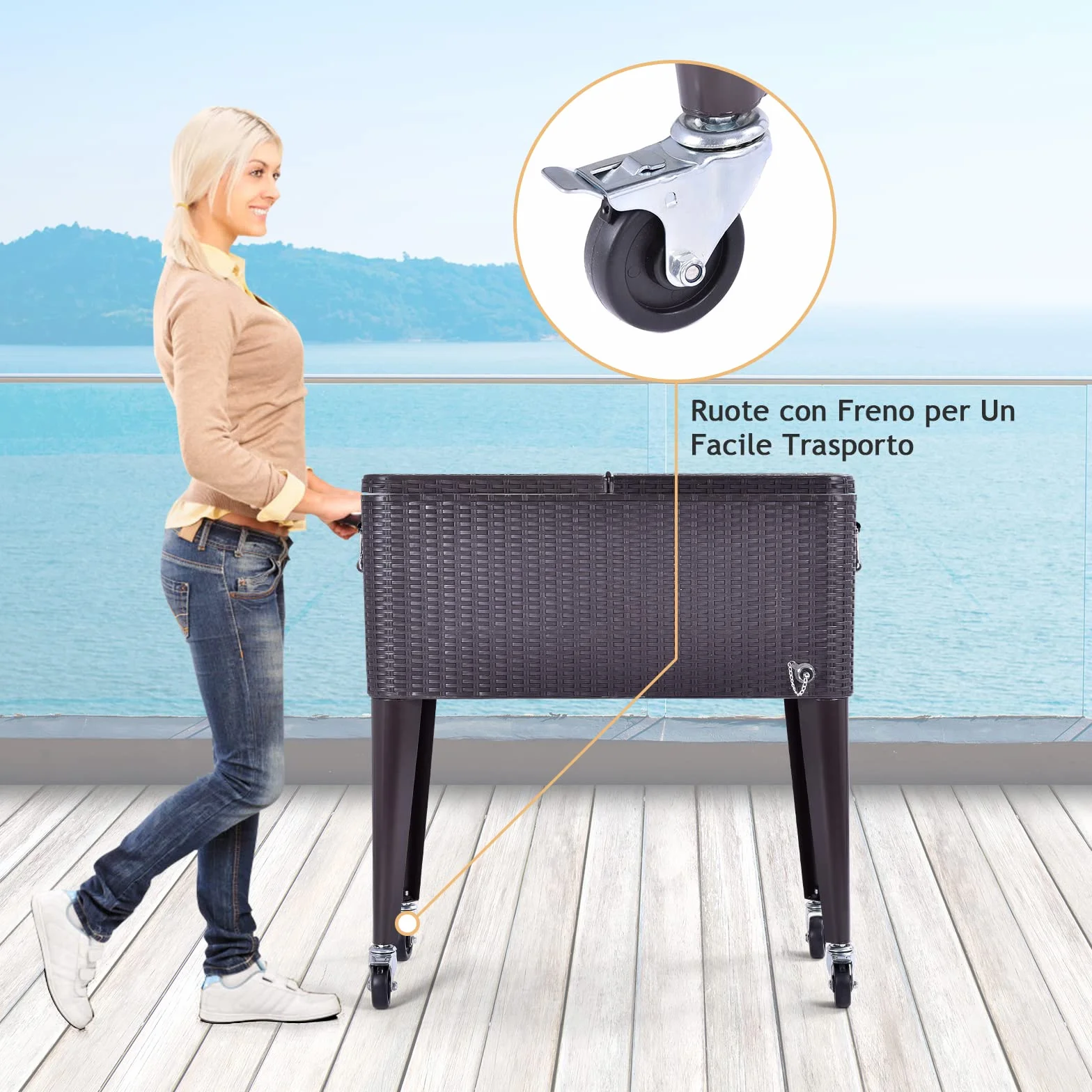 COSTWAY Carrello Portavivande Refrigerante Rattan 76L, Carrello Portaghiaccio con Ruote Bloccabili, Apribottiglie, 83x48x87 cm