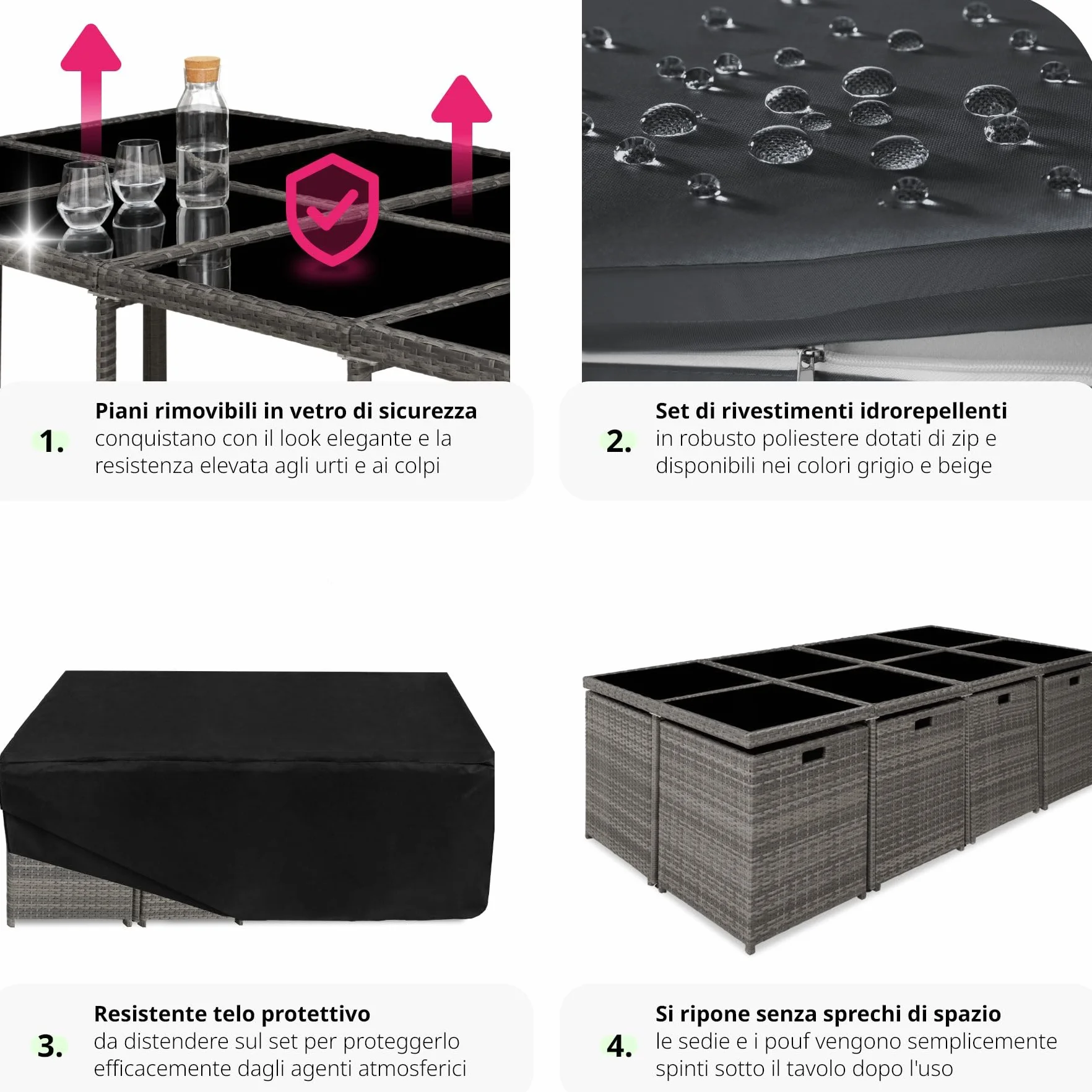 Tectake Set Mobili da Giardino in Poli Rattan 8 Sedie 1 Tavolo 4 Sgabelli Rivestimenti Rimovibili Idrorepellenti Grigio
