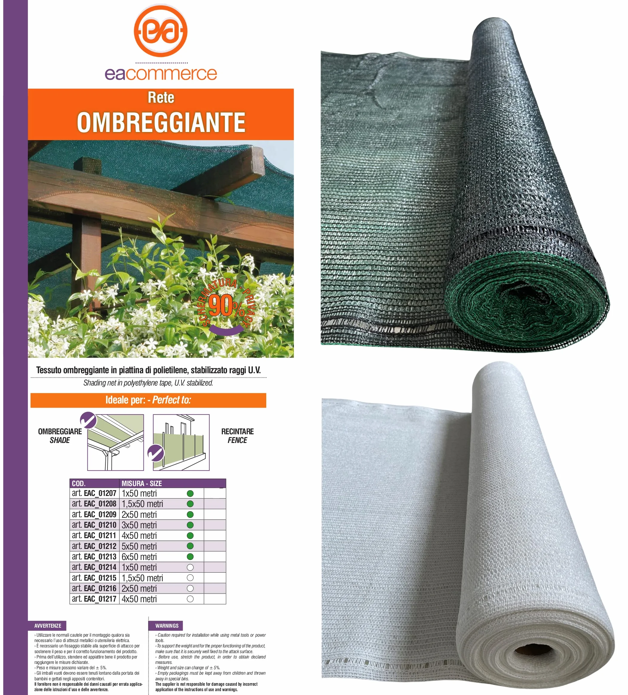Rete Ombreggiante oscurante frangisole ad alta schermatura (90%) con cimosa e asole ideale per giardini, parcheggi, balconi, rimessaggi | 2x50 Metri Bianca