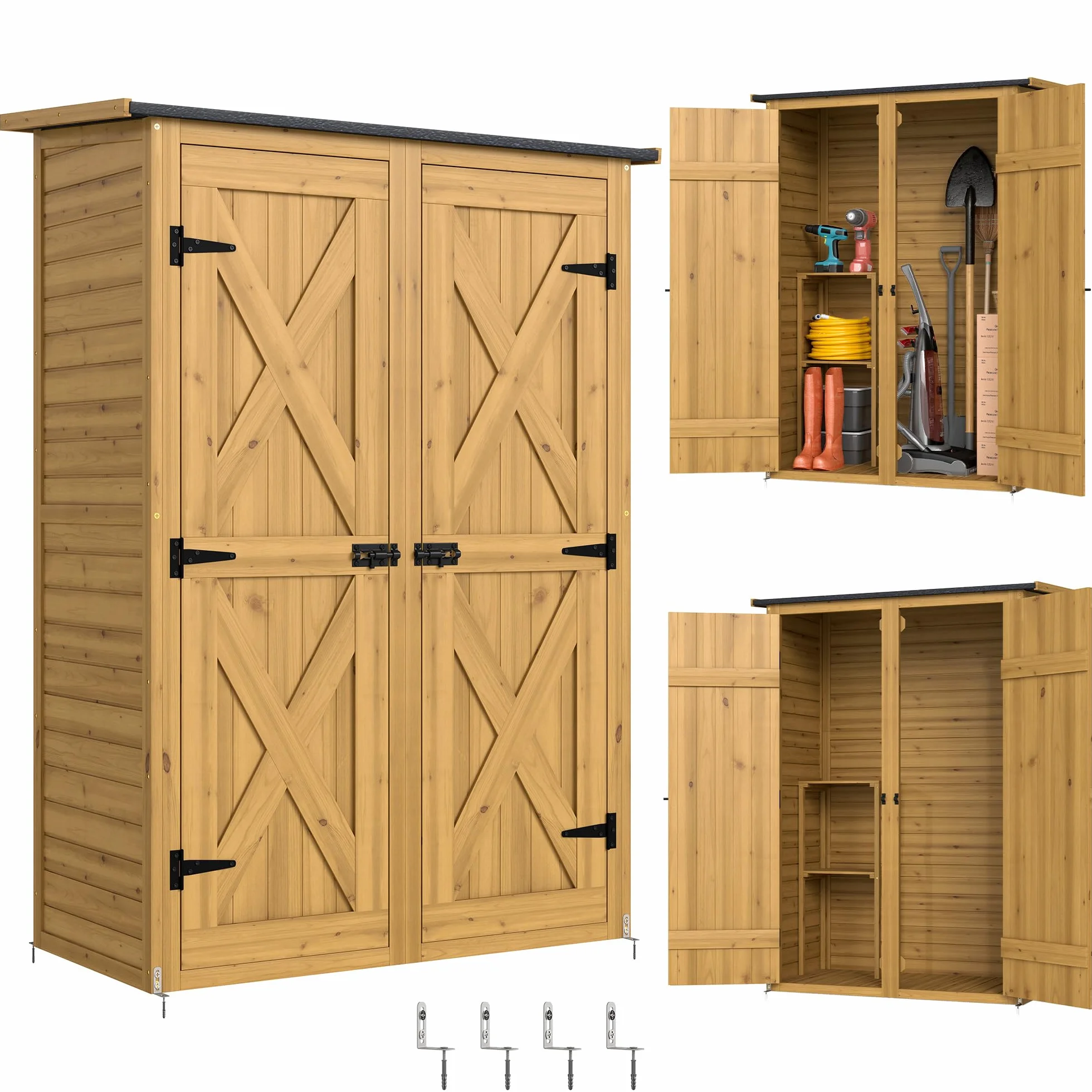 Outsunny Armadio da Giardino Legno Abete Casetta Attrezzi 2 Ripiani Doppia Porta Chiavistelli Tetto Inclinato 115x53x156 cm Marrone