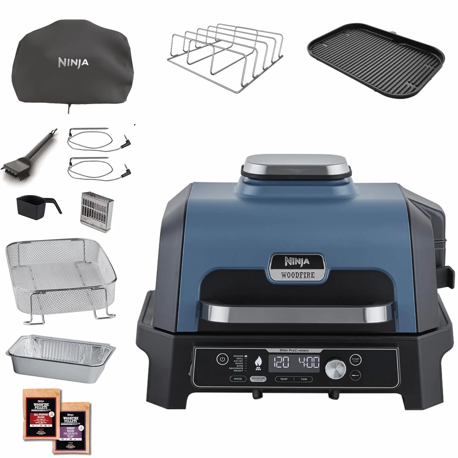 Ninja Woodfire Pro Connect XL Barbecue Elettrico 7 in 1 Griglia Affumicatore Friggitrice ad Aria Controllo App Blu/Nero