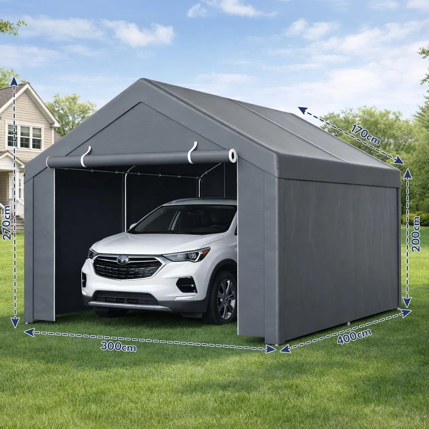 Tenda da garage con telone in PE resistente alle intemperie, impermeabile, con 2 pareti laterali e 10 picchetti, protezione UV, per auto, SUV, barca, 3 x 4 m
