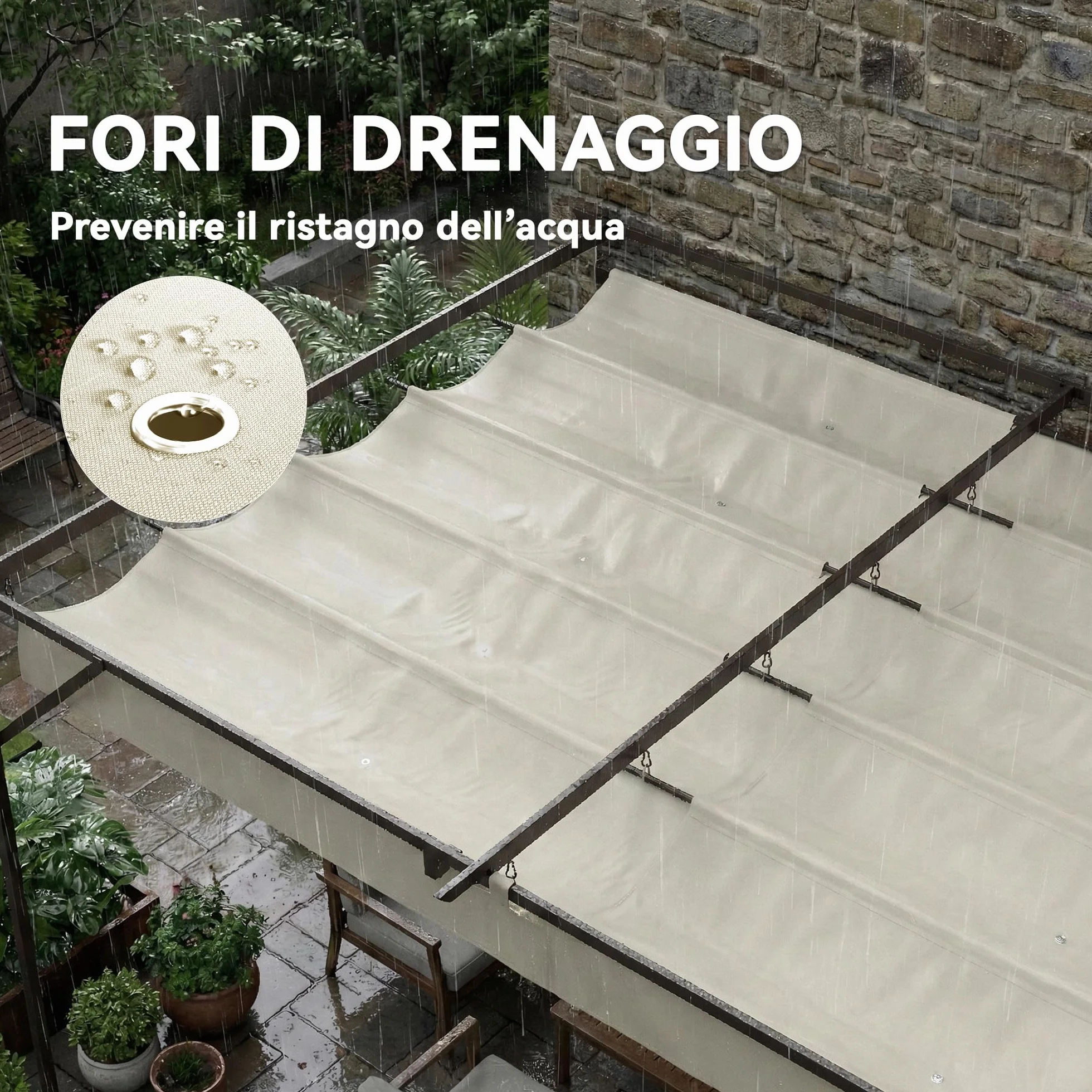Outsunny Gazebo Pergola Addossata 3x3 m Tetto Retrattile Scorrevole Fori Drenaggio Pergolato Giardino Poliestere Acciaio Patio Terrazzo Esterno UV30+ Bianco Crema