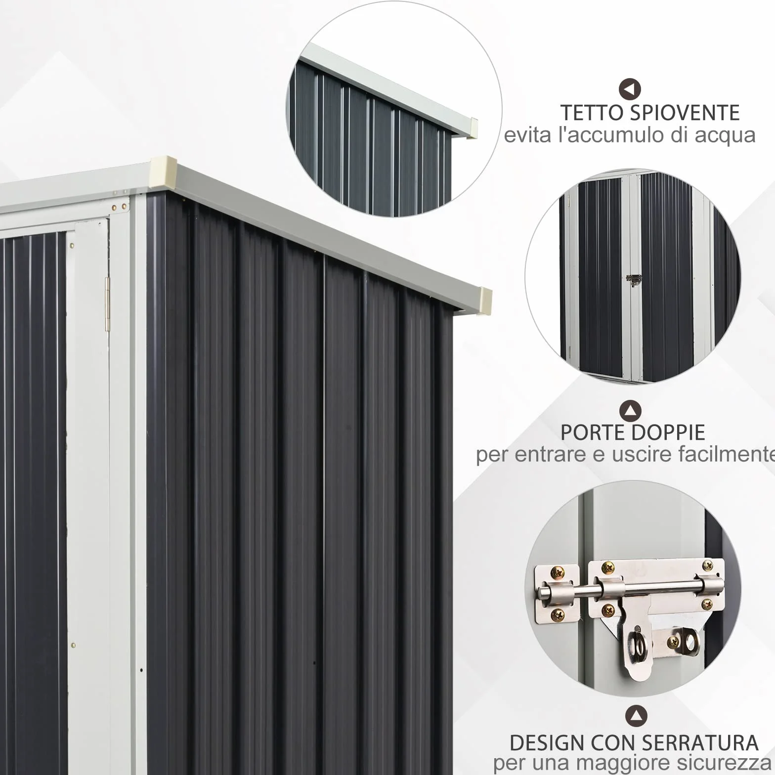 Outsunny Casetta da Giardino in Lamiera di Acciaio, Capanno a Doppia Porta con Sistema di Blocco, 147x86x134cm, Nero e Bianco