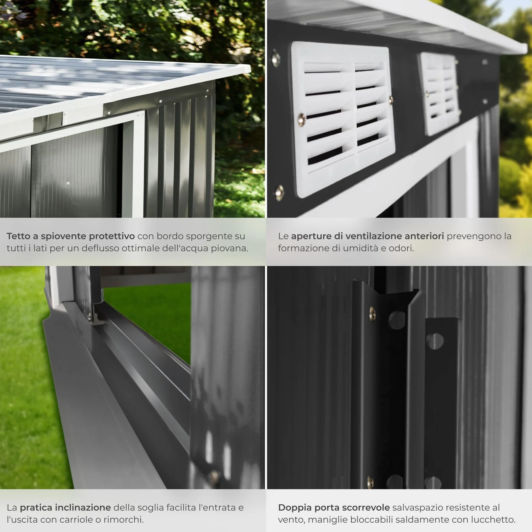 tectake® Casetta da Giardino in Lamiera, Box con Tetto Inclinato, Box da Giardino per Esterno con Porta Scorrevole, Lamiera in Acciaio, Fondamenta in Metallo - Grigio/Bianco