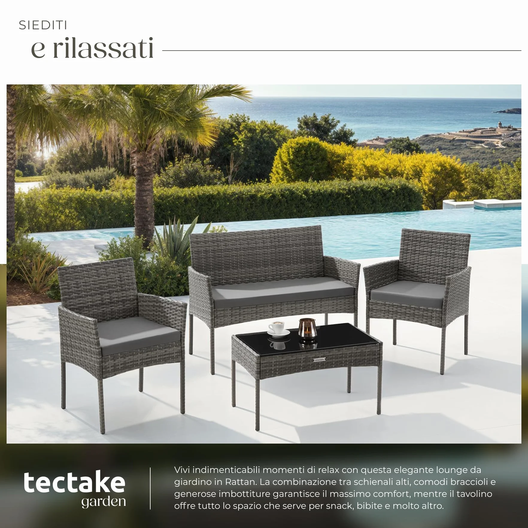 Tectake Set da Giardino in Rattan 4 Posti Polyrattan Resistente Cuscini Idrorepellenti Lavabili Tavolino Vetro di Sicurezza Grigio