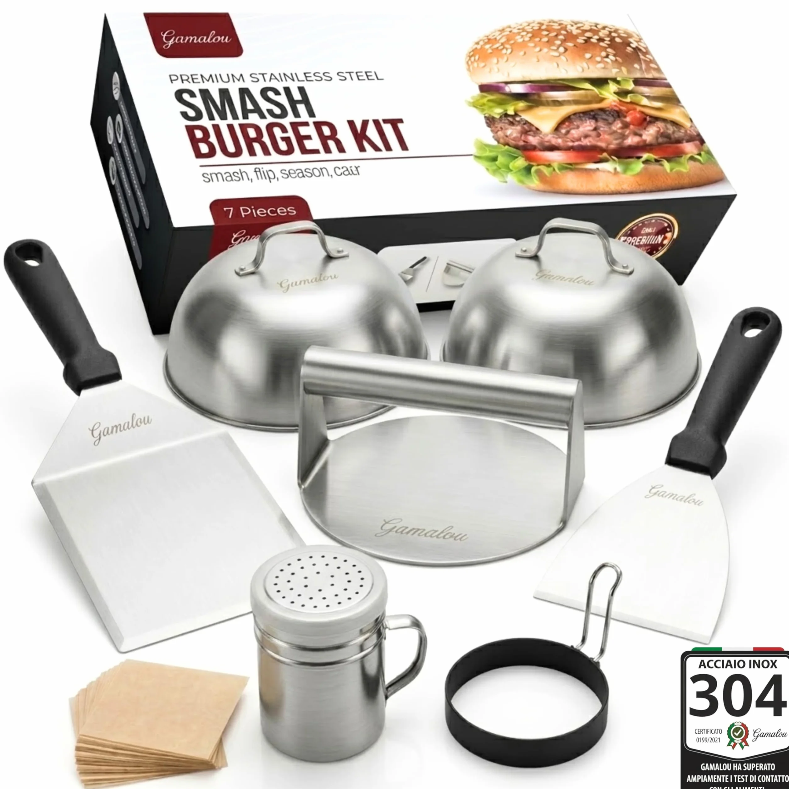 Smash Burger Kit Professionale in Acciaio Inox: Pressa Hamburger, Spatola 13 cm, Raschietto 10 cm, 2 Cloche, Anelli Uovo e Spargispezie per Griglia, Piastra, Padella – Certificato EU