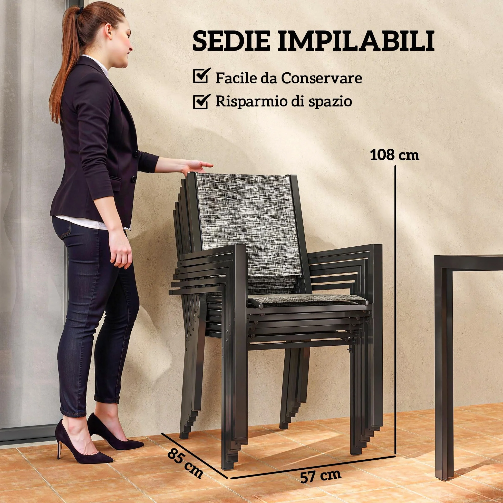 Outsunny Set Tavolo da Giardino 7 Pezzi, Pranzo con Sedie Impilabili, Acciaio Texteline Grigio Nero