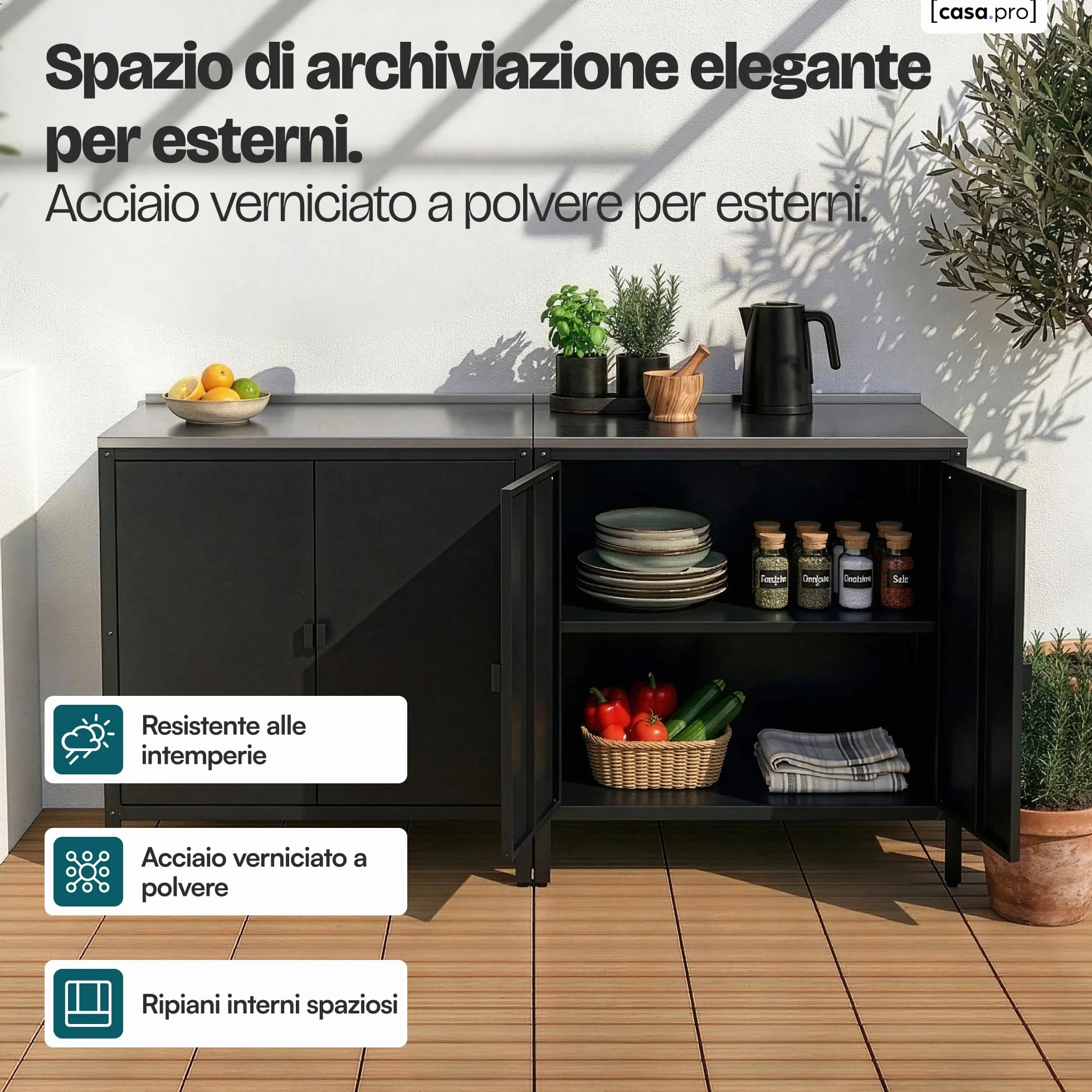 casa.pro Armadio da Giardino Mobile Organizzatore da Esterno 92 x 80 x 50 cm Armadietto in Acciaio con 2 Ante e Ripiano Piedini Regolabili per Livellare - Nero Opaco