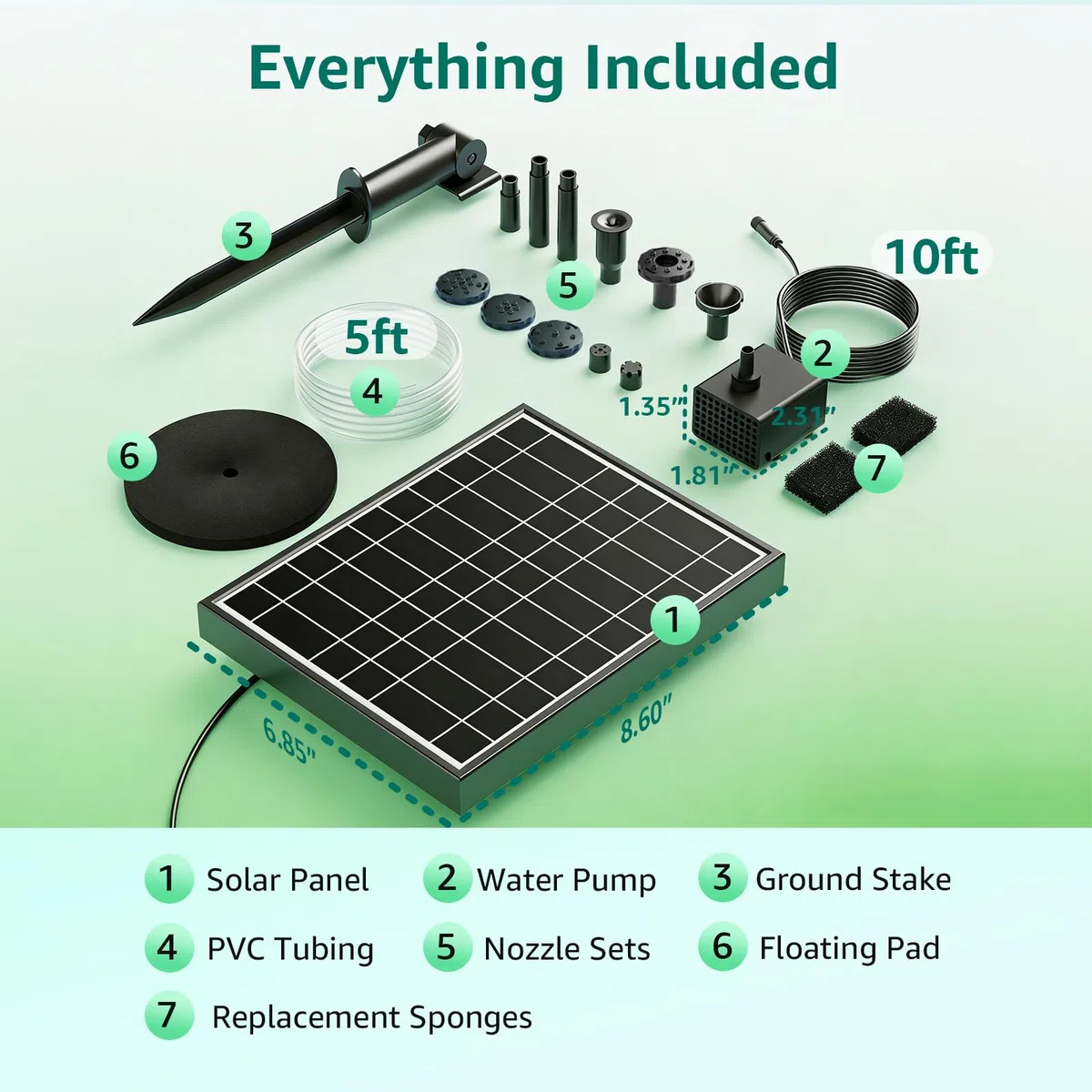 Pompa per fontana solare 7,5W 3000mAh 7 modalità di spruzzo tubo PVC 1,5m