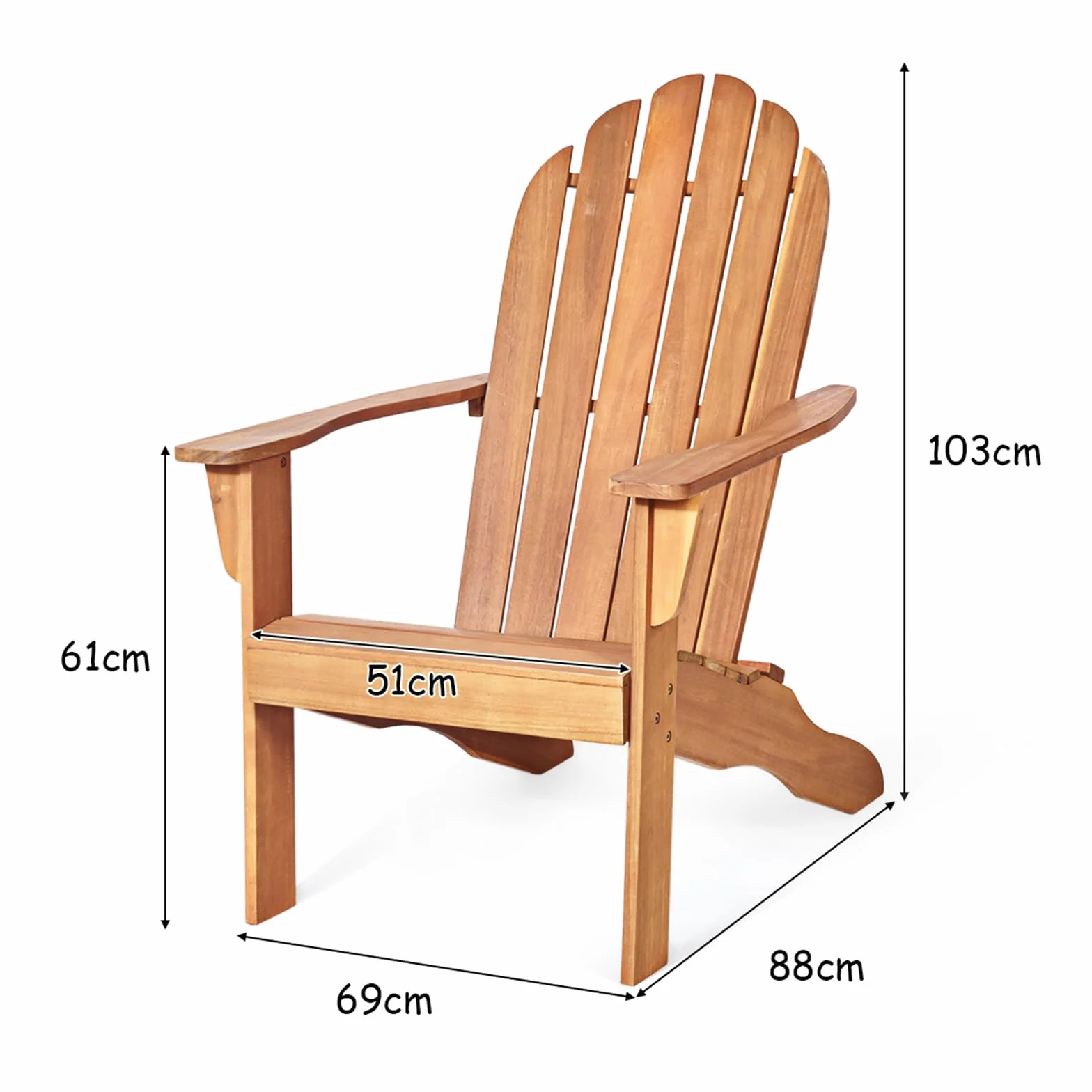 COSTWAY Adirondack-Sedia Giardino in Legno, Poltrona Esterno con Schienale Alta, Sedia a Sdraio Prendisole per Spiaggia Cortile Balcone, Portata 160 kg (Naturale, 69 x 88 x 103 cm)