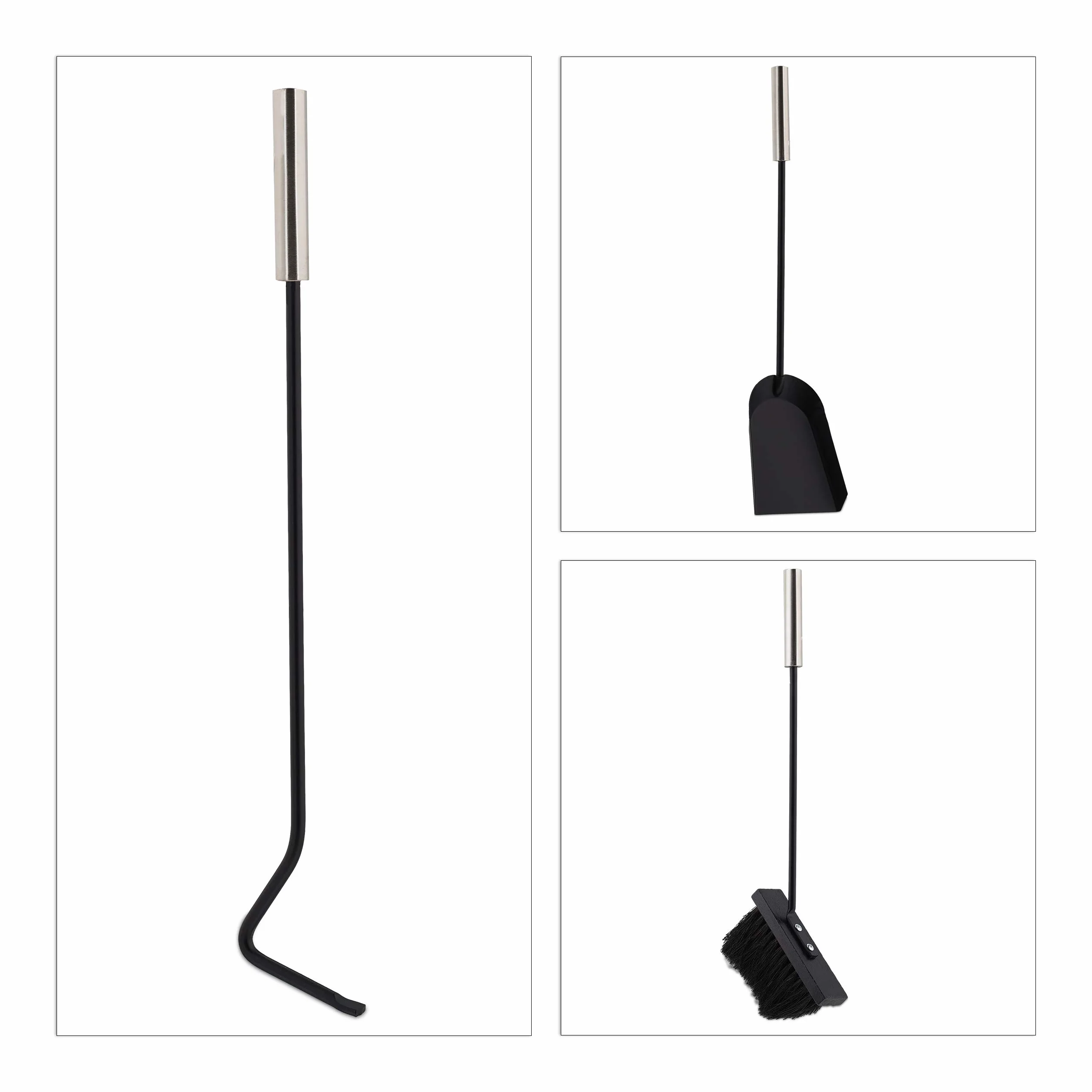 Relaxdays Accessori da Camino, Moderni, 4 Componenti, con Attizzatoio, Paletta Raccogli Cenere, Scopino e Supporto, Nero