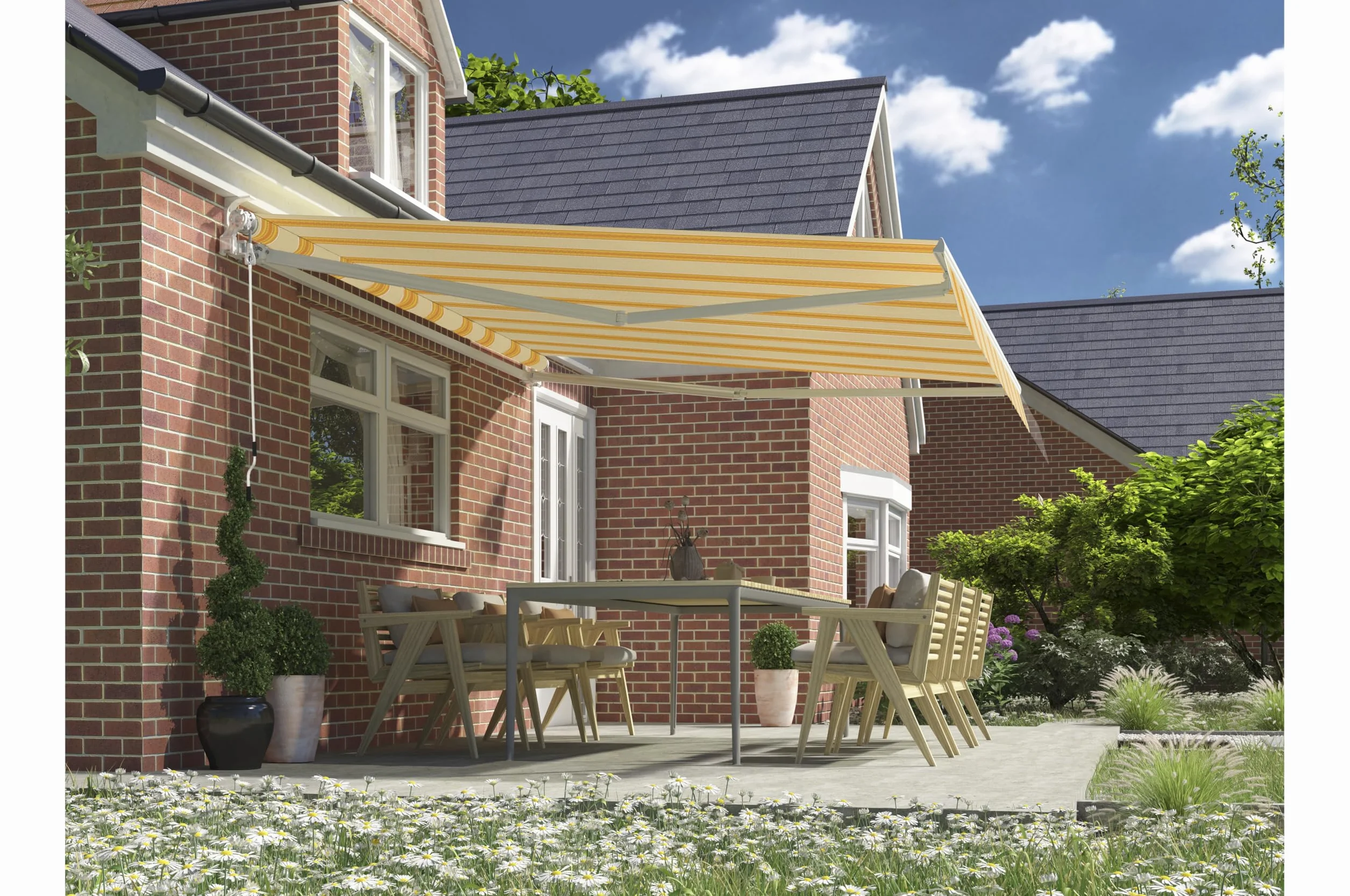 Tenda da Sole a Bracci Estensibili Impermeabile L300xP250 cm Giallo/Beige Fissaggio Parete o Soffitto