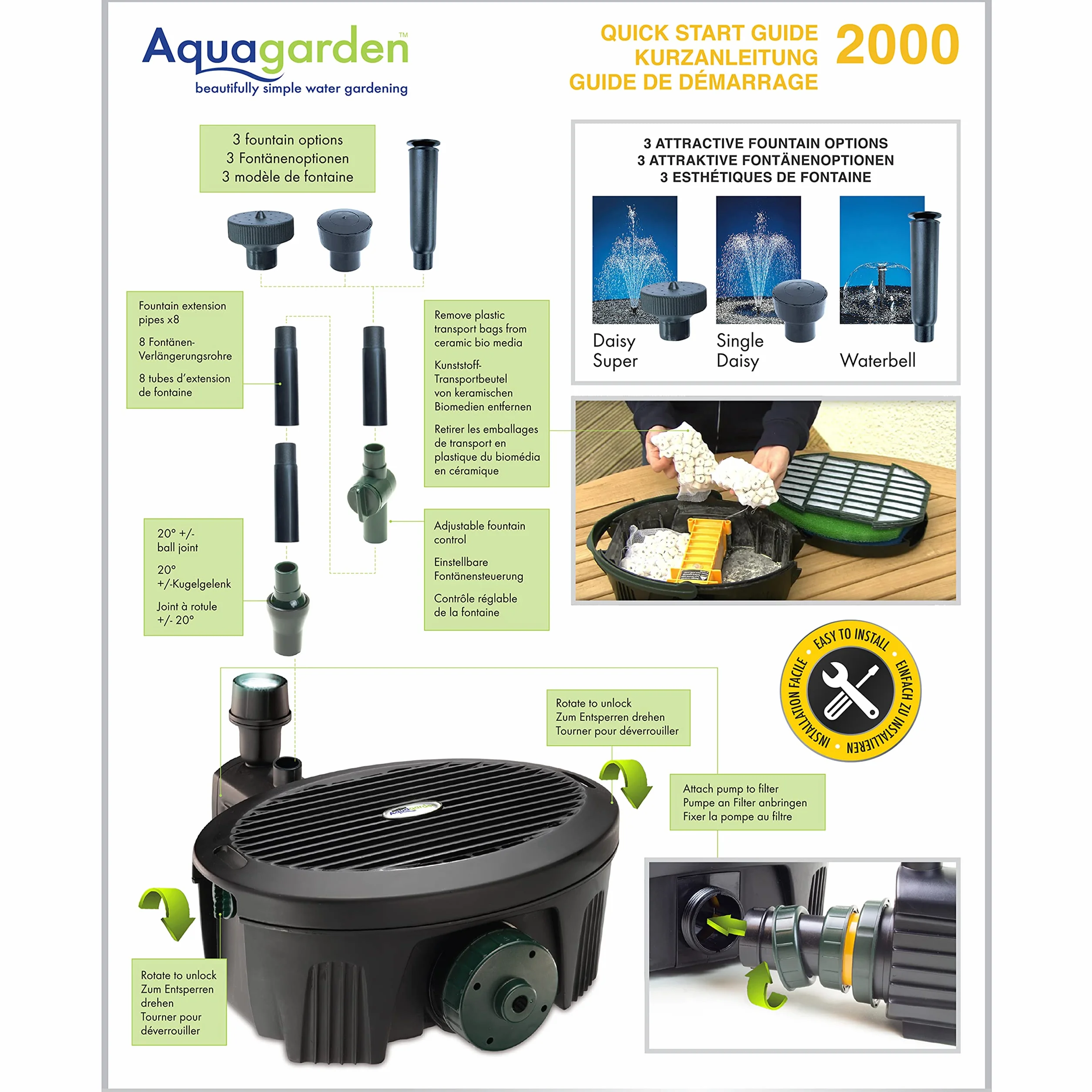 Aquagarden Inpond 2000, pompa per laghetto e acqua, filtro, chiarificatore UV, faretto LED e fontana, soluzione completa per un laghetto pulito, limpido e bello, per laghetti fino a 2000 litri, nero