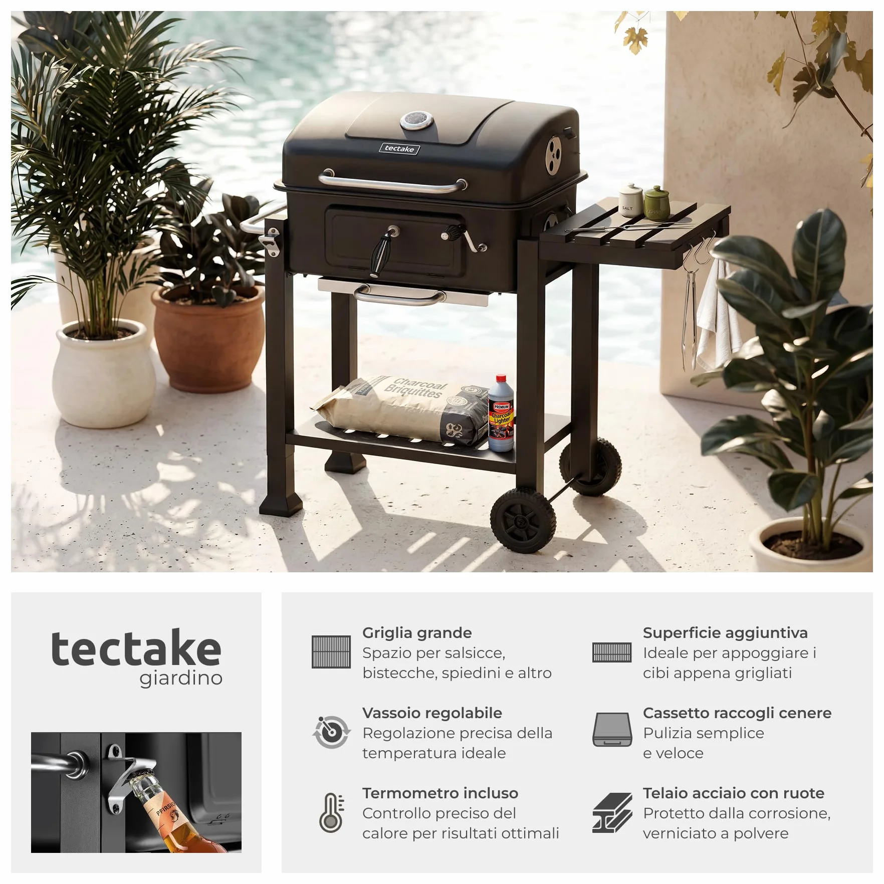 Tectake Barbecue Carbonella Portatile 110x64x104 cm Griglia Acciaio 3 Ganci 2 Ruote Cassetto Carbone Termometro Coperchio Nero