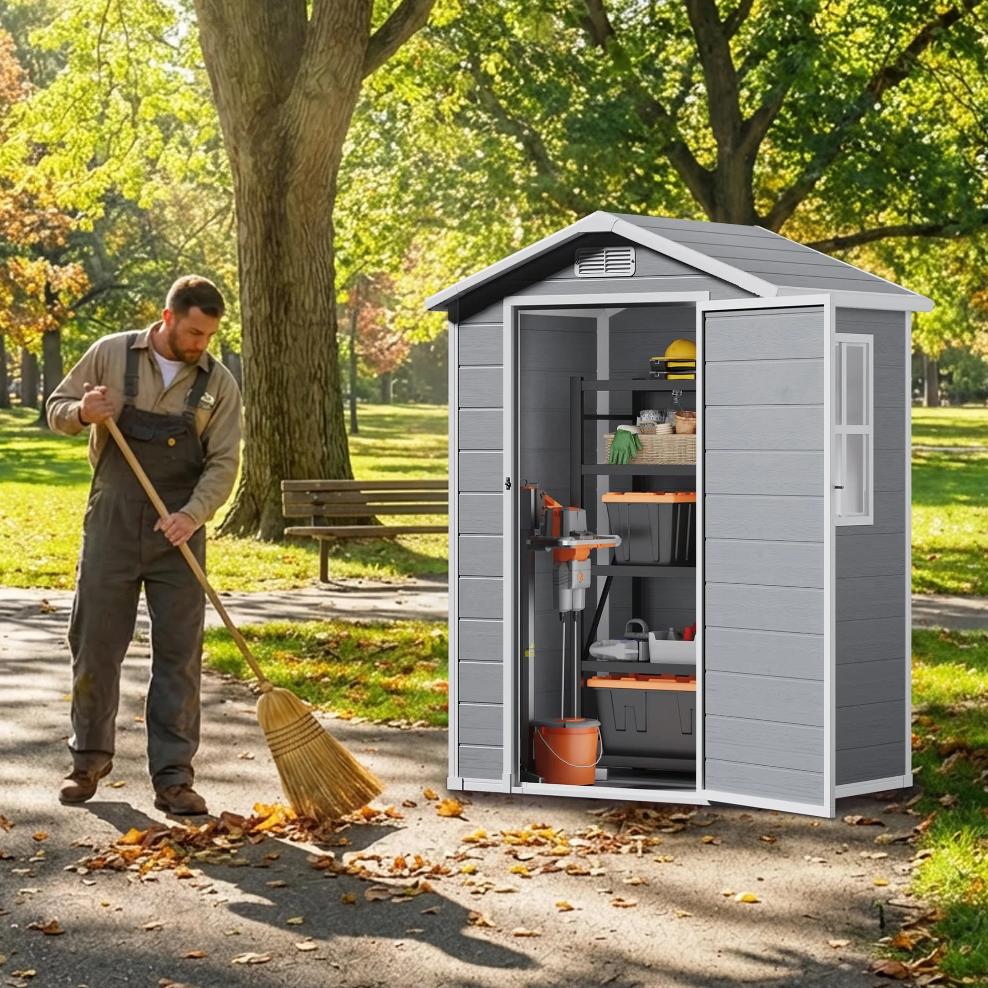 Casetta da Giardino in Resina 122x92x187 cm Capanno Porta Attrezzi con Finestra e Ventilazione Grigio