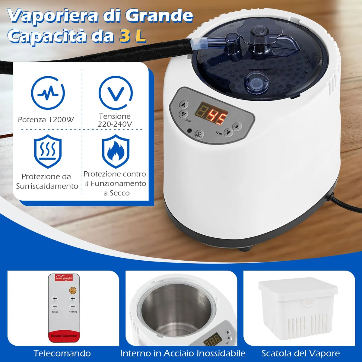 COSTWAY Cabina Sauna a Vapore 3L 1200W Riscaldamento Rapido 15 Livelli Temperatura Timer 99 Minuti Sedia Pieghevole Tappetino Blu