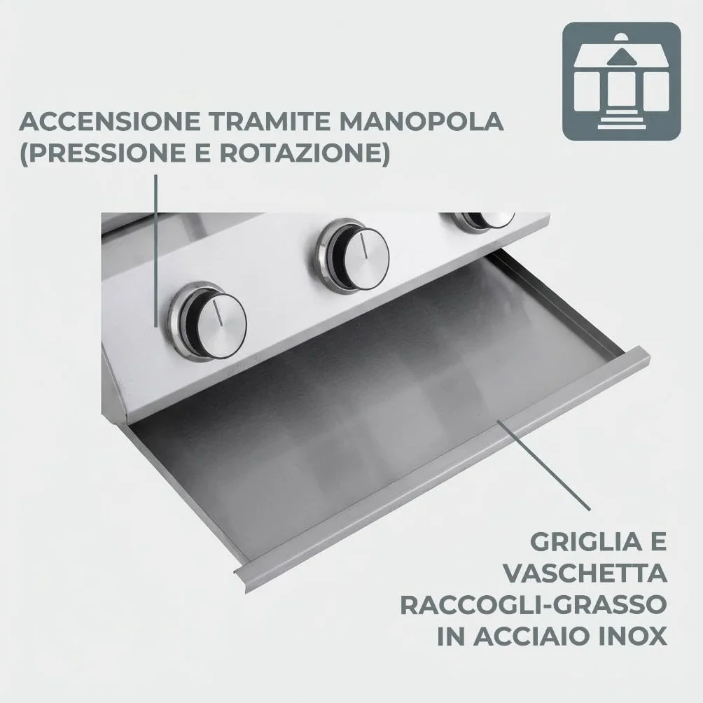 Tarrington House Barbecue a Gas 3 Bruciatori Cathan, Acciaio Inox 6.6 kW, Coperchio con Termometro, Accensione Elettrica