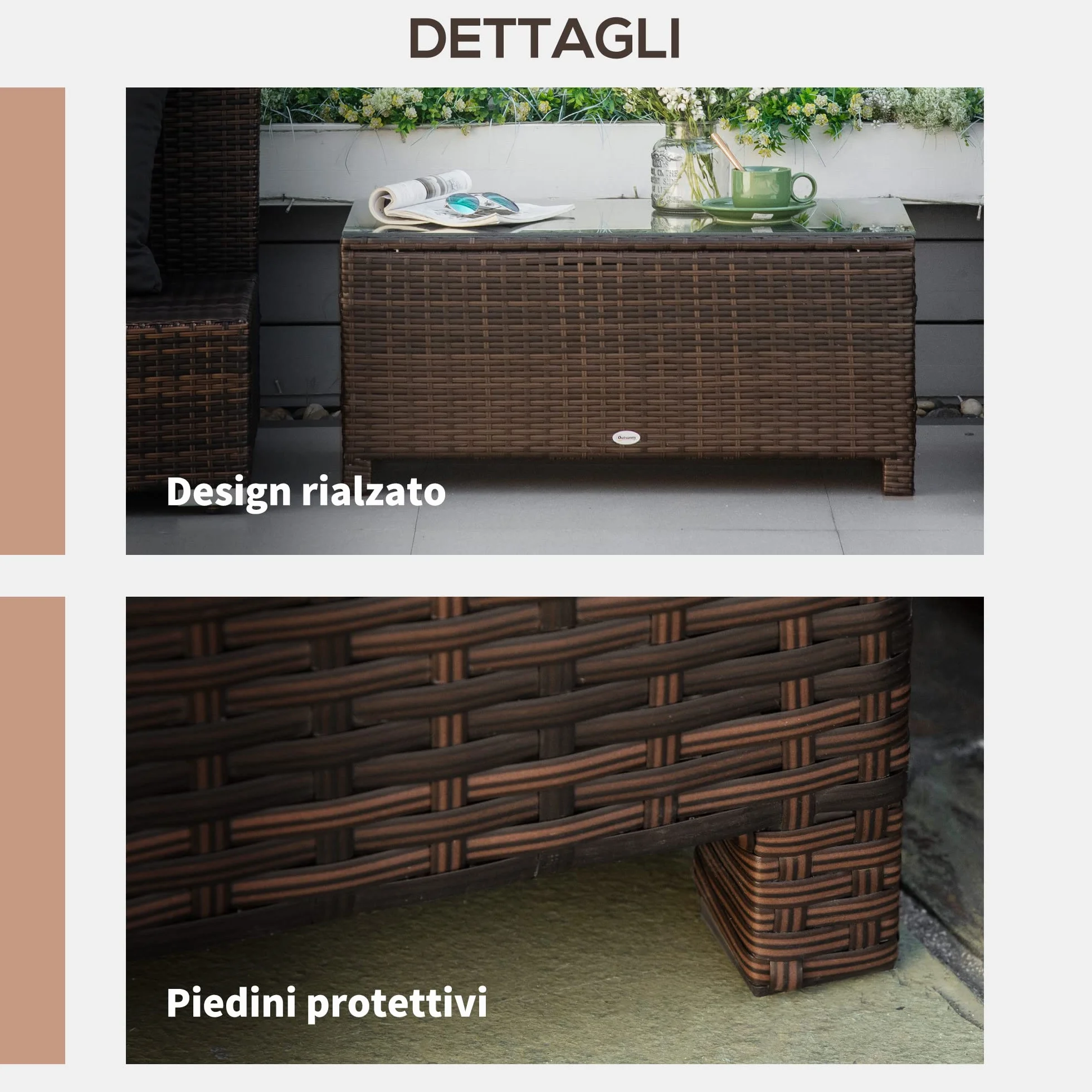 Outsunny Tavolino da Giardino in Vetro Temperato Rettangolare 85 x 50 x 39 cm Marrone