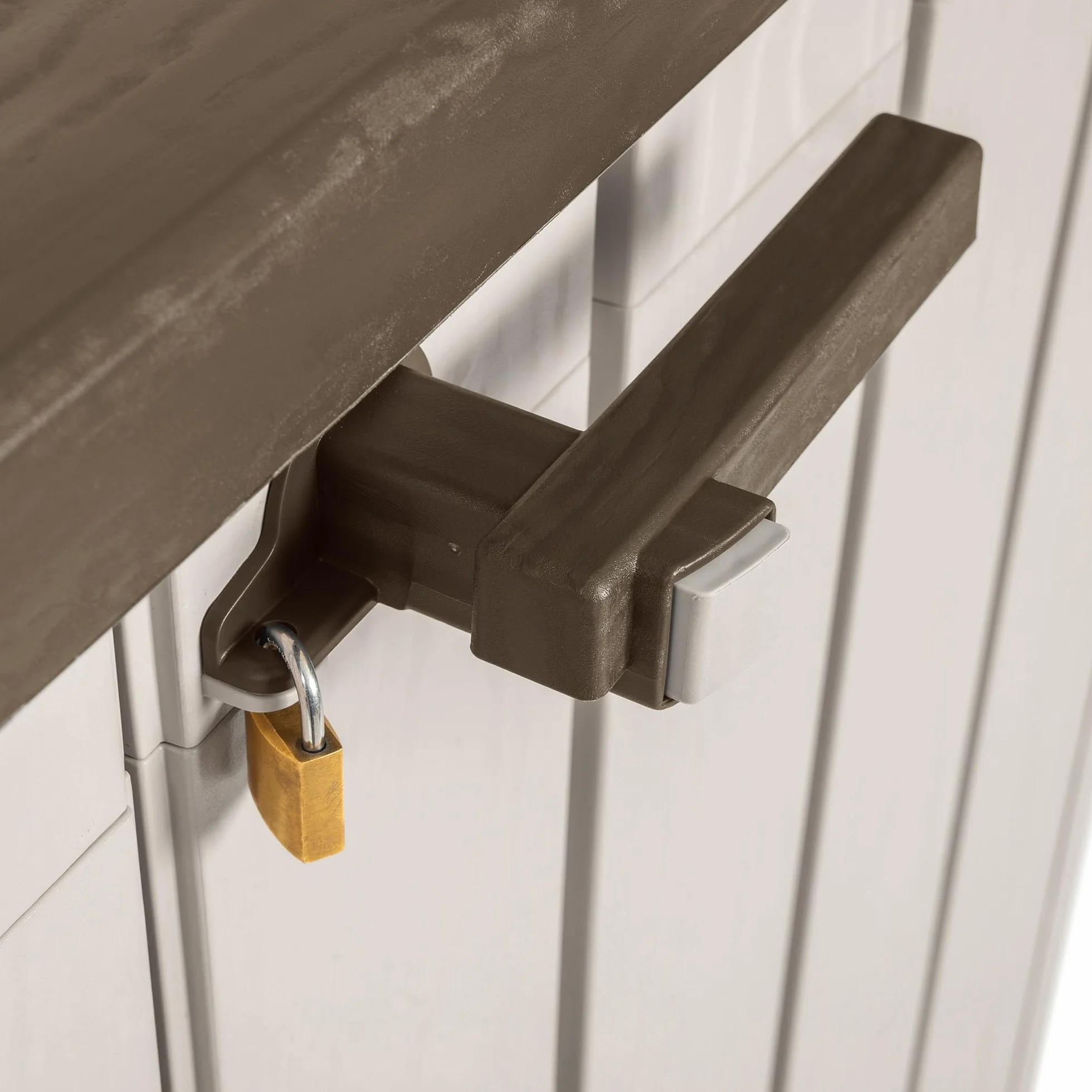 Toomax Storer Plus XL Baule da 1270L portattrezzi giardino, 145x85x124,5h cm effetto legno grigio talpa/marrone, porta bidoni spazzatura con coperchio assistito, resistente ai raggi UV, per esterni