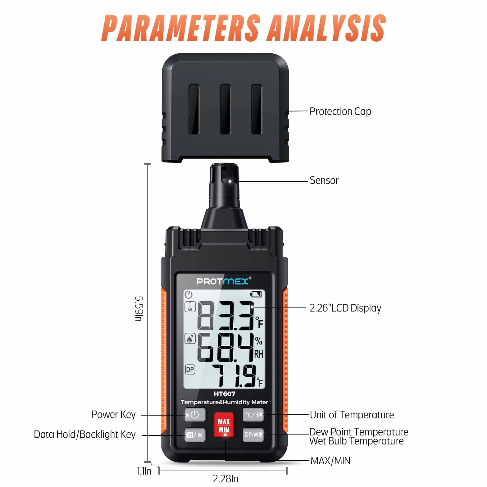 HT607 Misuratore di temperatura e umidità ad alta precisione con retroilluminazione LCD