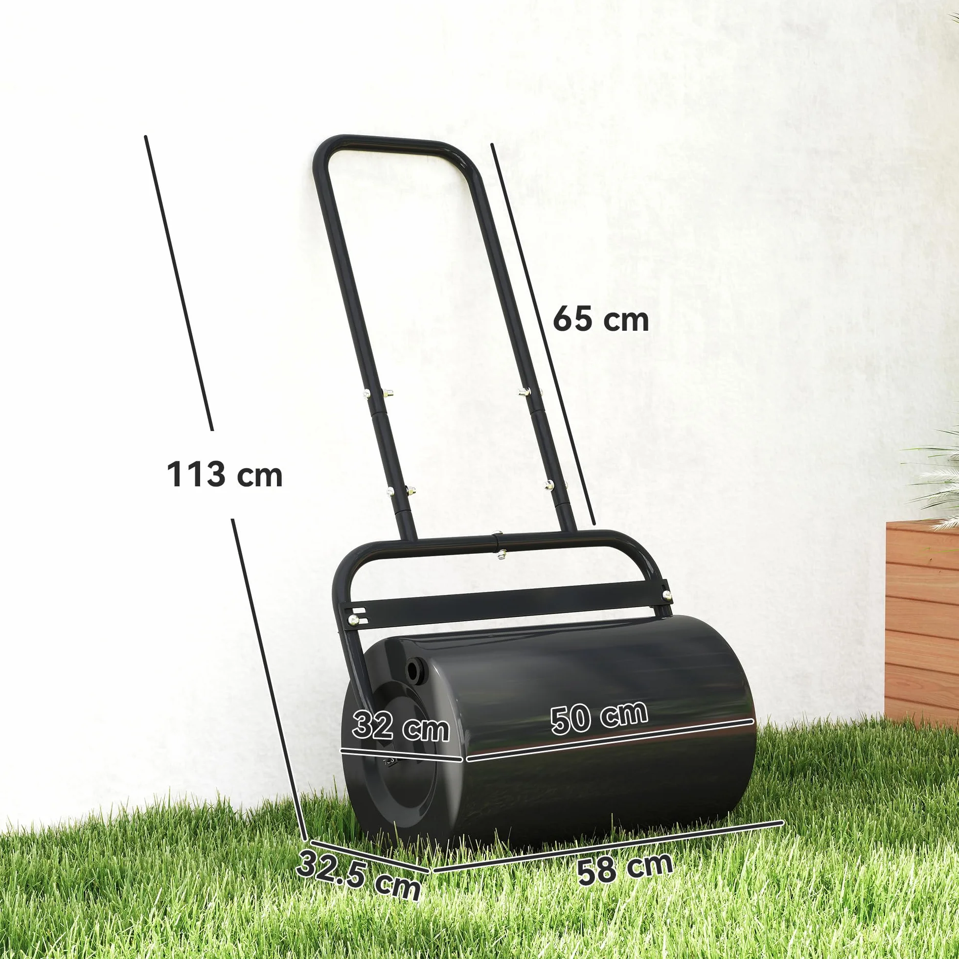 Outsunny Rullo da Giardino Φ32x50cm in Metallo Impermeabile Nero, Serbatoio Fino 38 Litri (Acqua o Sabbia)