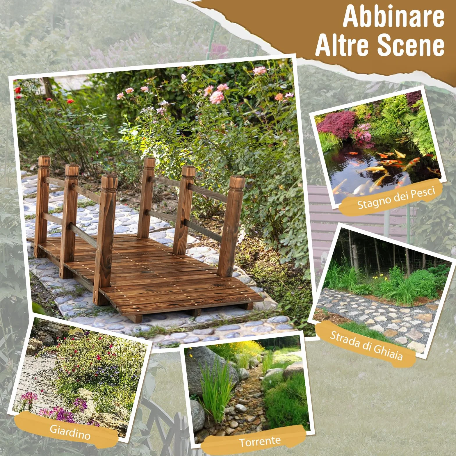 COSTWAY Ponte da Giardino in Legno, Ponte Decorativo ad Arco con Doppie Sbarre di Sicurezza, Struttura in Abete per Percorso Esterno per Cortile, Strada di Ghiaia, Ruscello, Fattoria (Legno)