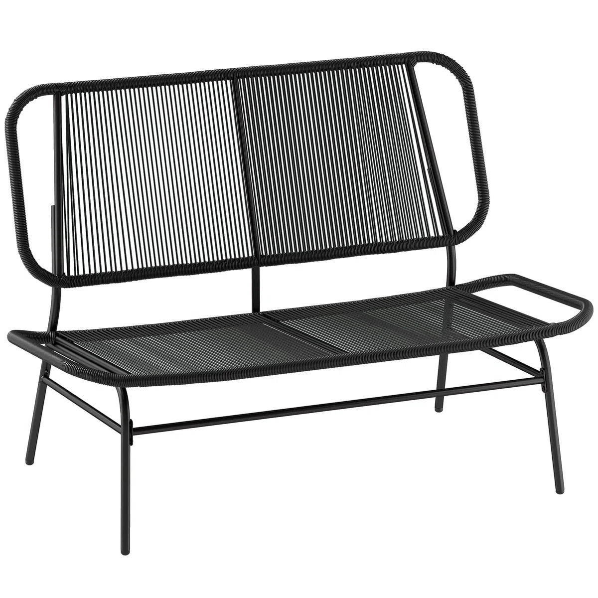 Outsunny Divano da Giardino 2 Posti in Rattan PE, Divanetto da Esterno Seduta e Schienale Intrecciati, Telaio in Acciaio, Divano da Esterno, per Terrazza e Cortile, Capacità 240 kg, Nero