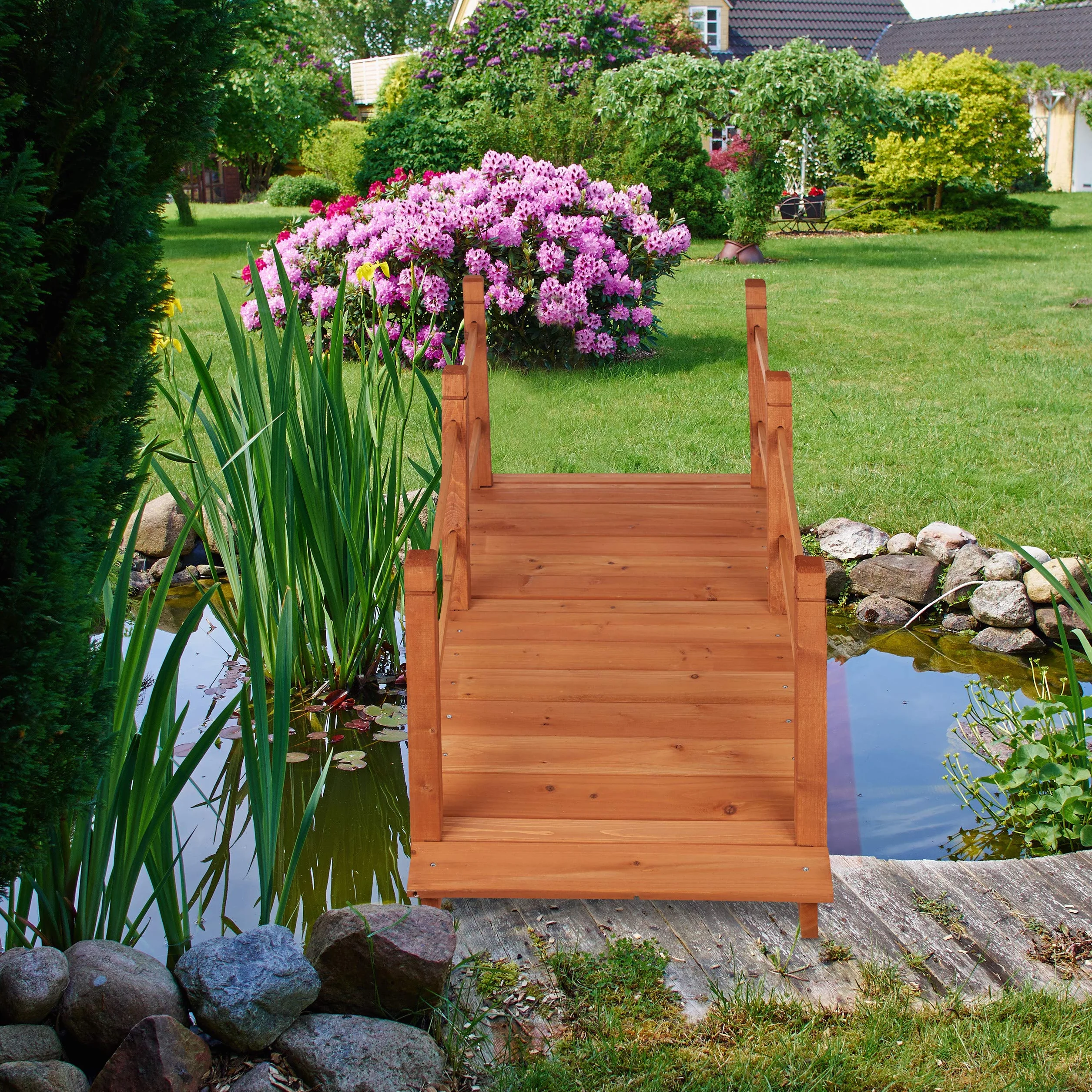 Relaxdays Ponte da Giardino in Legno, Ringhiera, percorribile,Decorazione Giardino Giapponese,HLP 56x140x60 cm,arancione