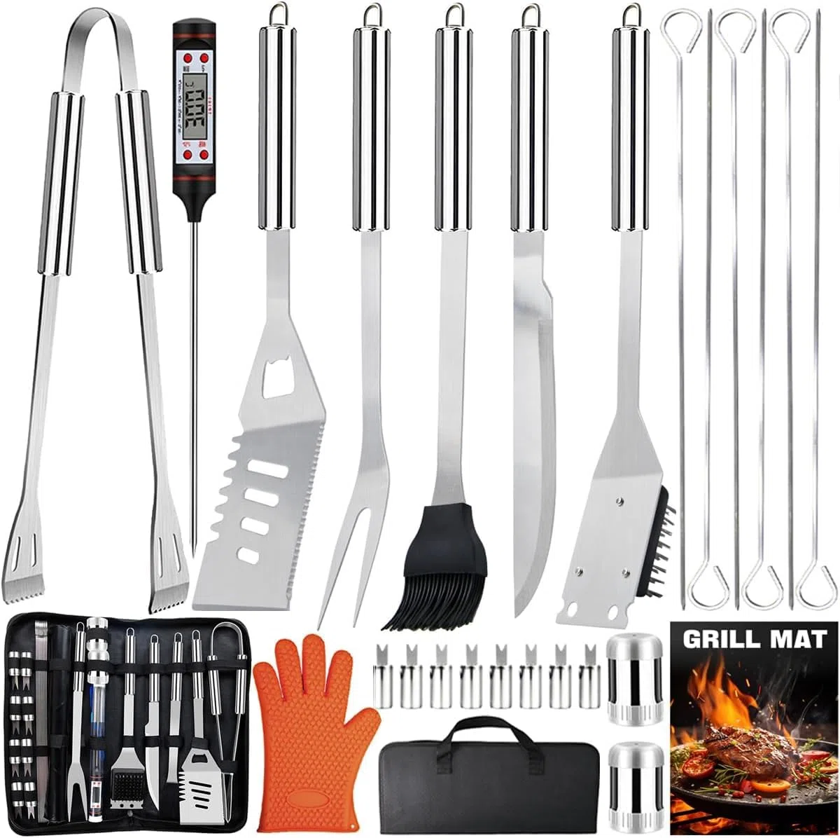 28Pcs Set BBQ Accessori Barbecue Utensili Professionali in Acciaio Inox, Pratico Kit Attrezzi Barbecue Cucina con Borsa Portatile, Griglia Barbecue Accessori Camping, Regalo Compleanno Uomo e Papa