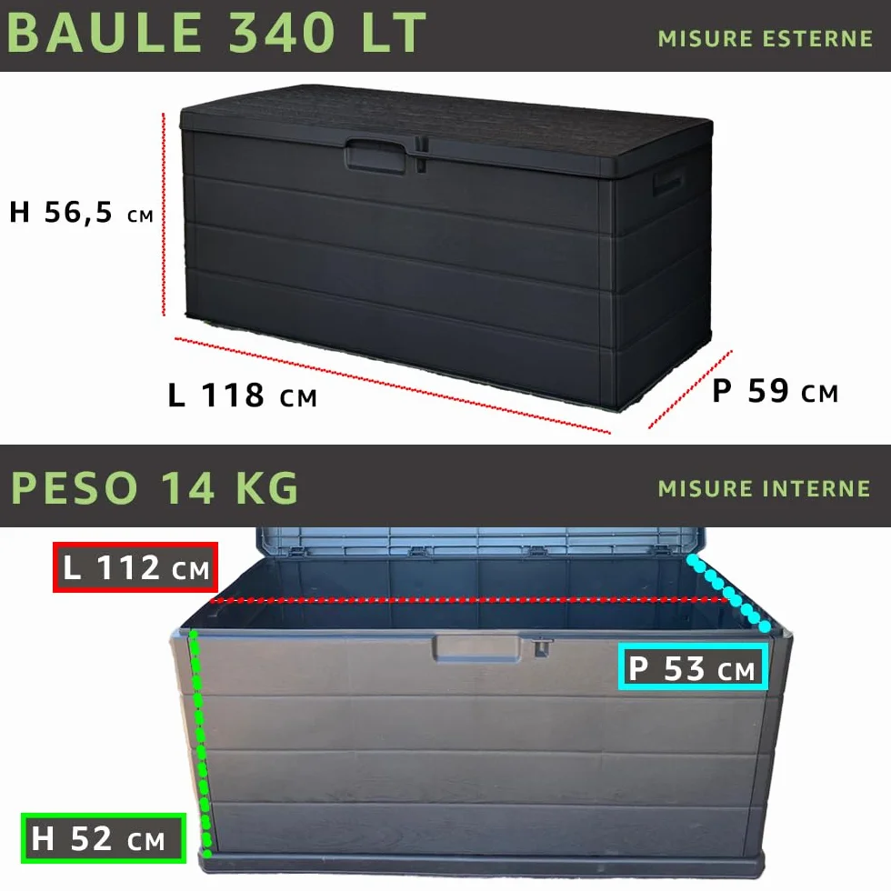 Cassapanca da Esterno 340 Litri Effetto Legno Antracite 118x59x56,5 cm Made in Italy