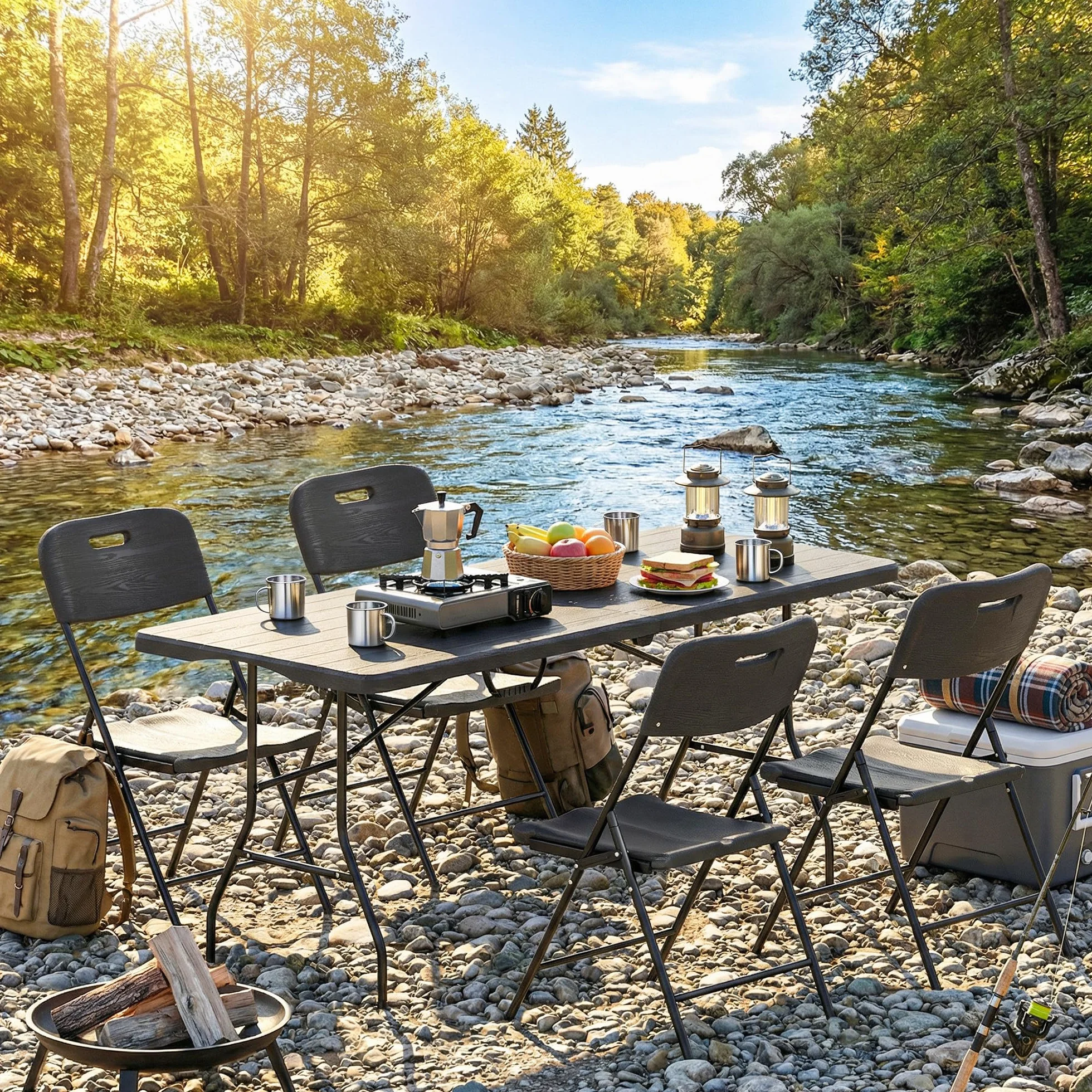 Outsunny Set Tavolo da Campeggio Pieghevole con 4 Sedie, HDPE Metall, Portatile per Picnic Esterno Giardino Nero