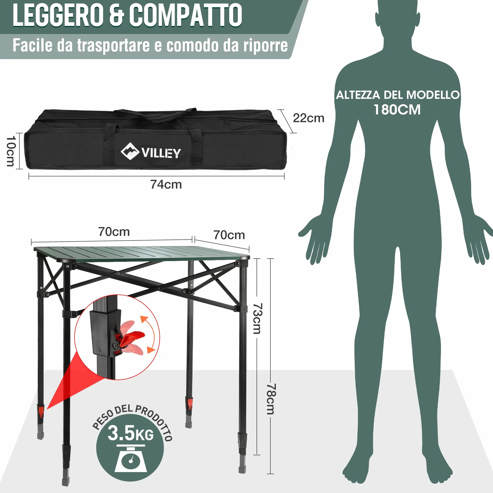 VILLEY Tavolo Pieghevole in Alluminio 70x70x78 cm con Borsa da Trasporto per Campeggio Picnic Giardino